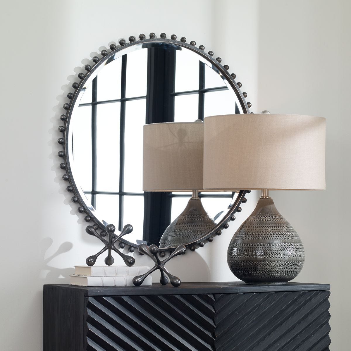 Taza Round Mirror, Distressed Black – Mirrors by Uttermost | Sutter & Vale