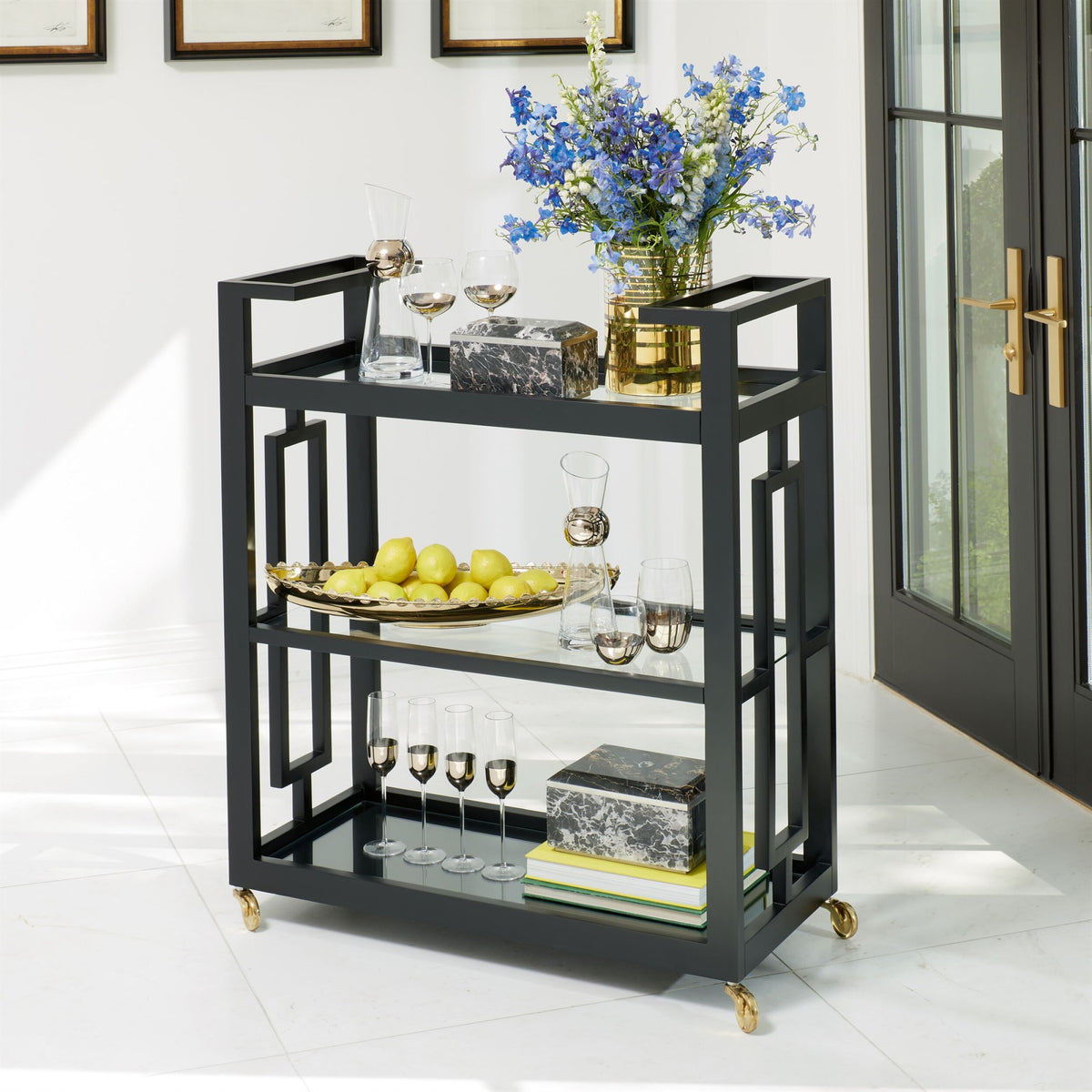 Grid Block Bar Cart-Black w/Brass Casters