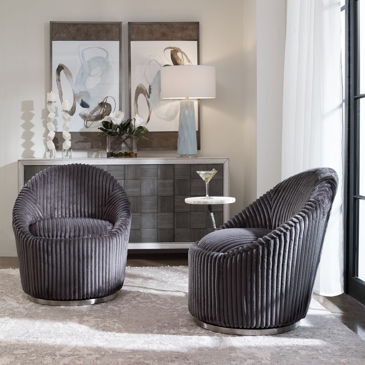 Crue Swivel Chair, Gunmetal – Furniture by Uttermost | Sutter & Vale