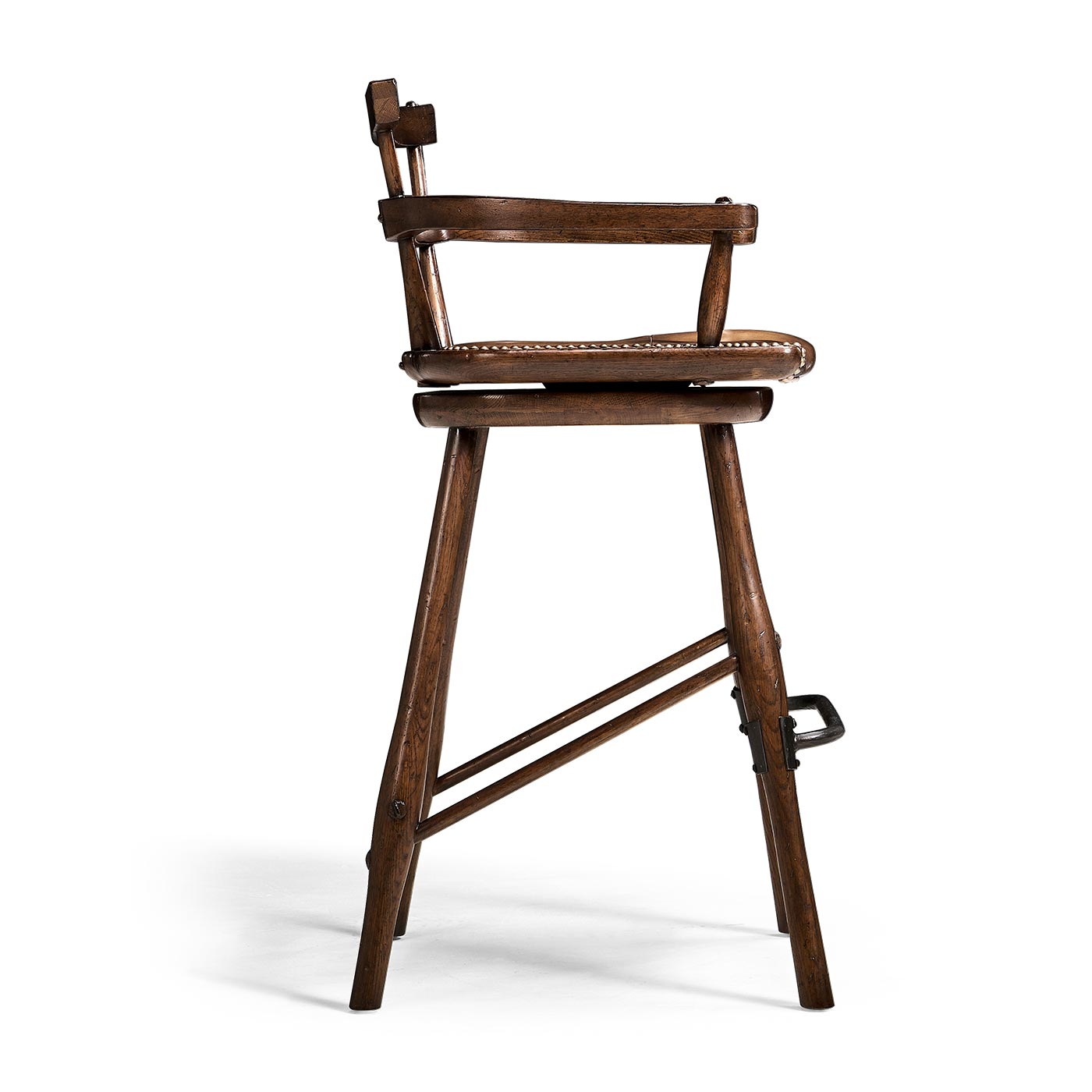 Dark Oak Arm Bar Stool with A Studded Dark Antique Leather Seat