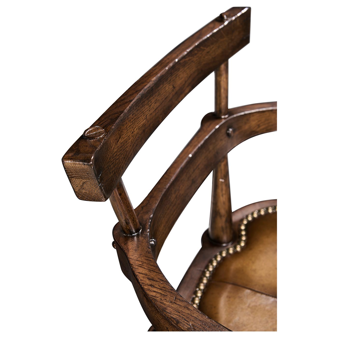Dark Oak Arm Bar Stool with A Studded Dark Antique Leather Seat