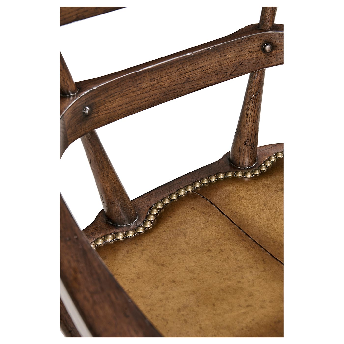 Dark Oak Arm Bar Stool with A Studded Dark Antique Leather Seat