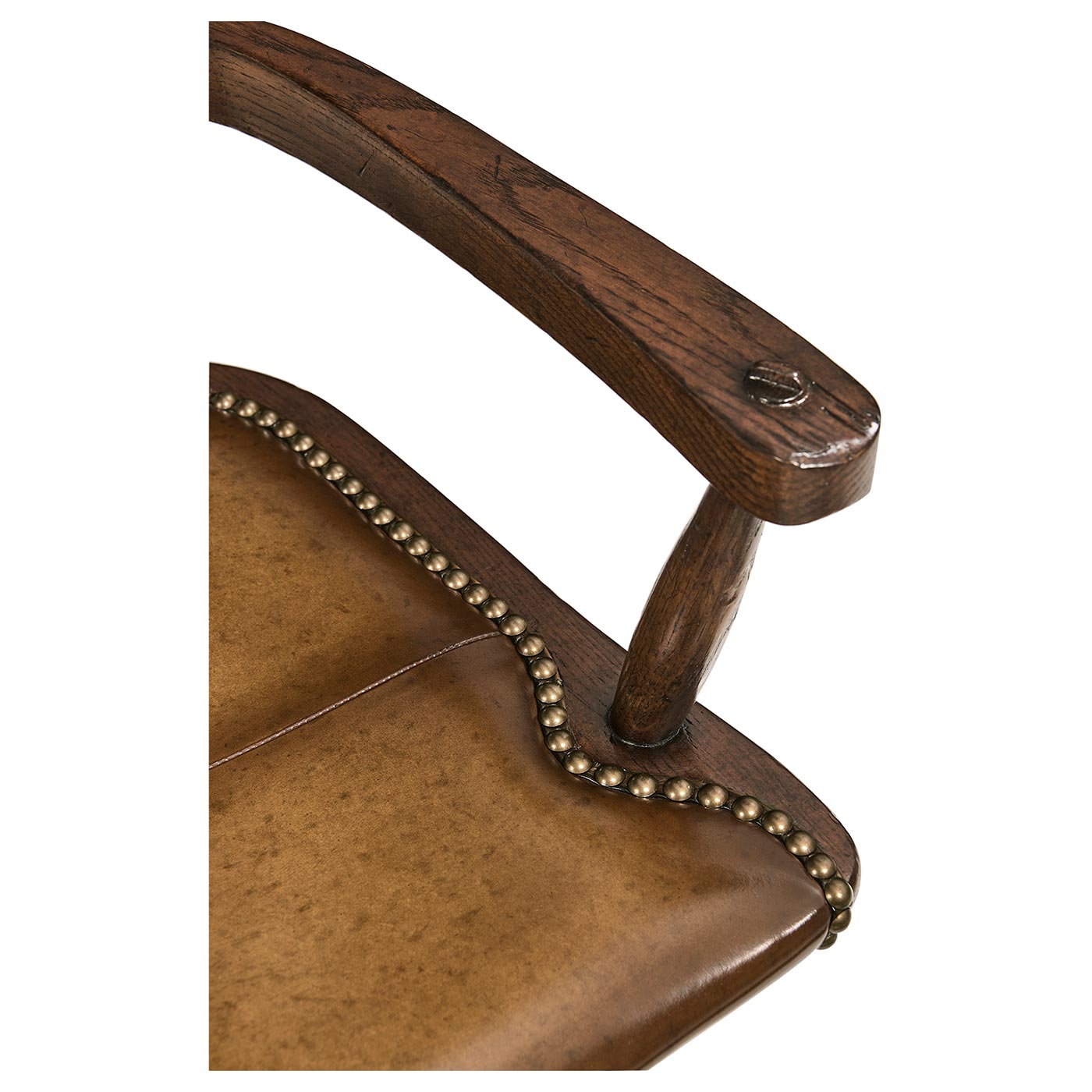Dark Oak Arm Bar Stool with A Studded Dark Antique Leather Seat