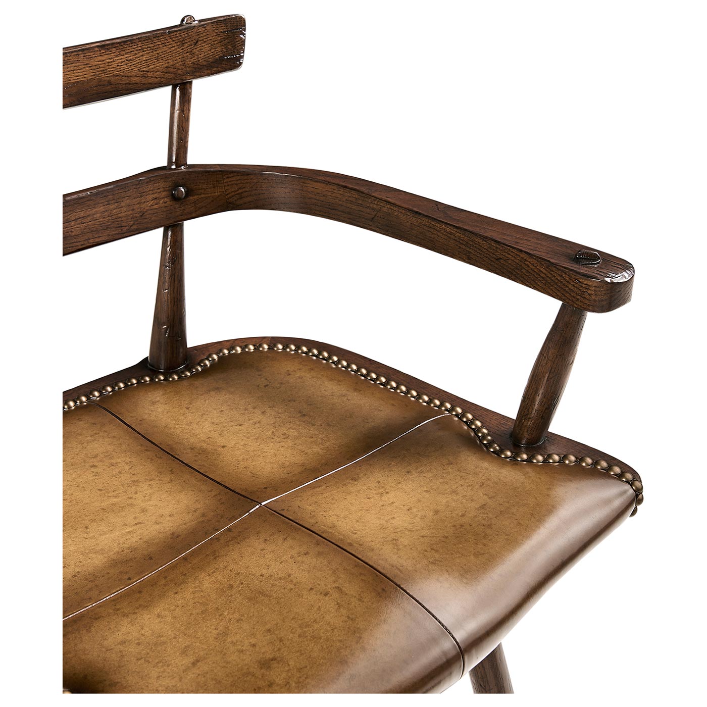 Dark Oak Arm Bar Stool with A Studded Dark Antique Leather Seat