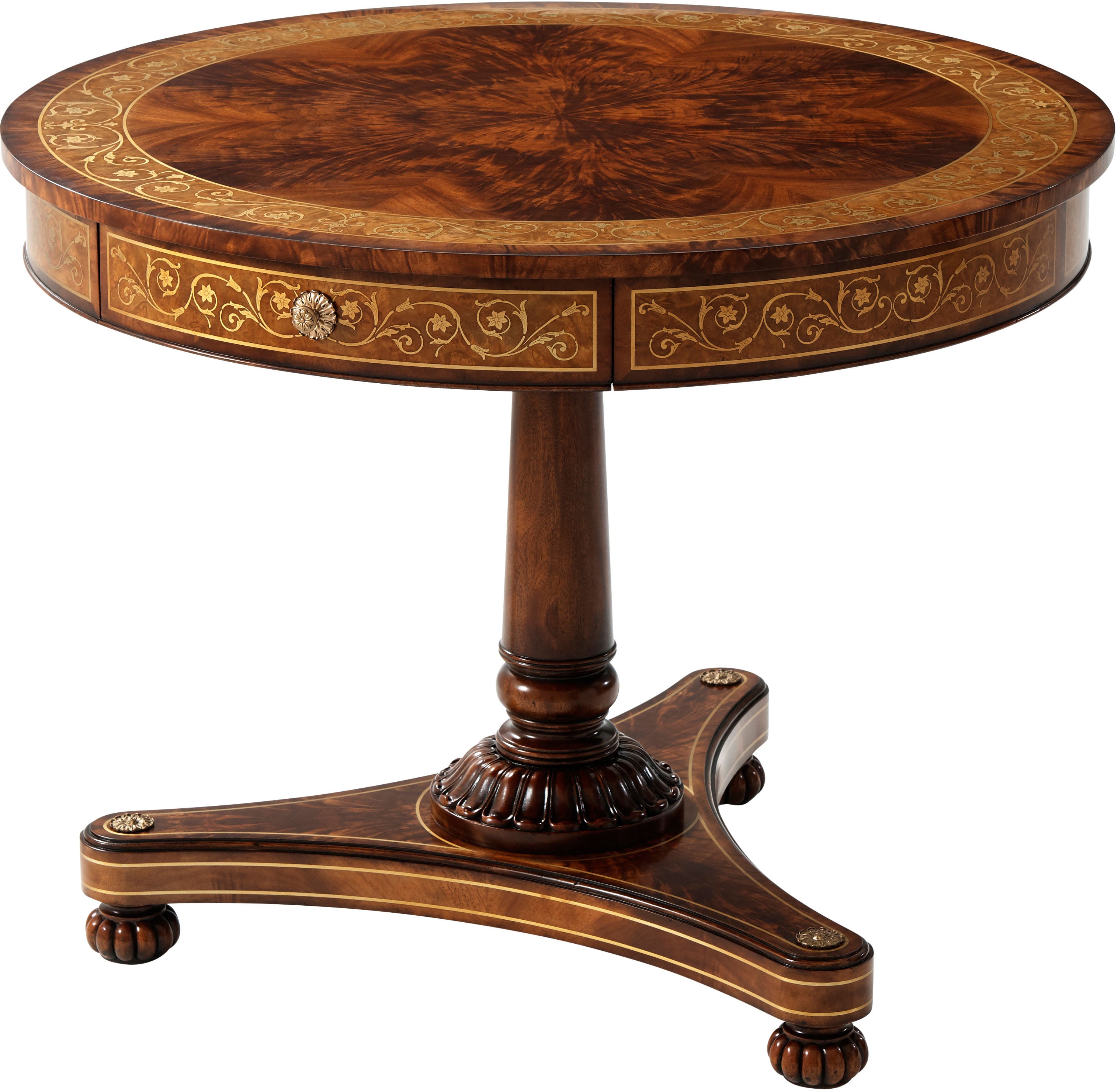 The Scrolling Vine Centre Table in Flame Figured Veneer, Mahogany - Theodore Alexander