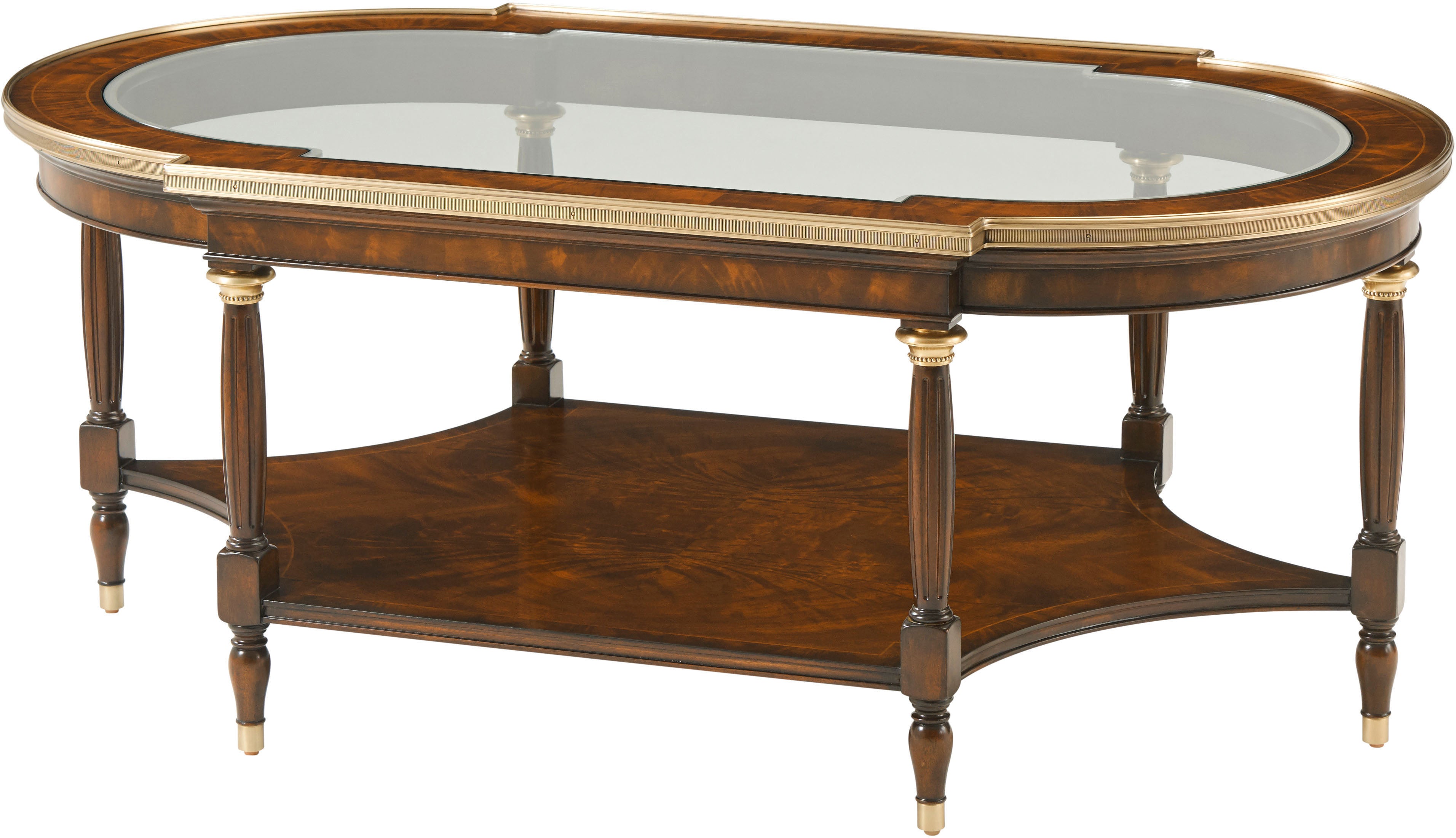 Storyteller Cocktail Table in Flame Veneer, Mahogany, Brass - Theodore Alexander