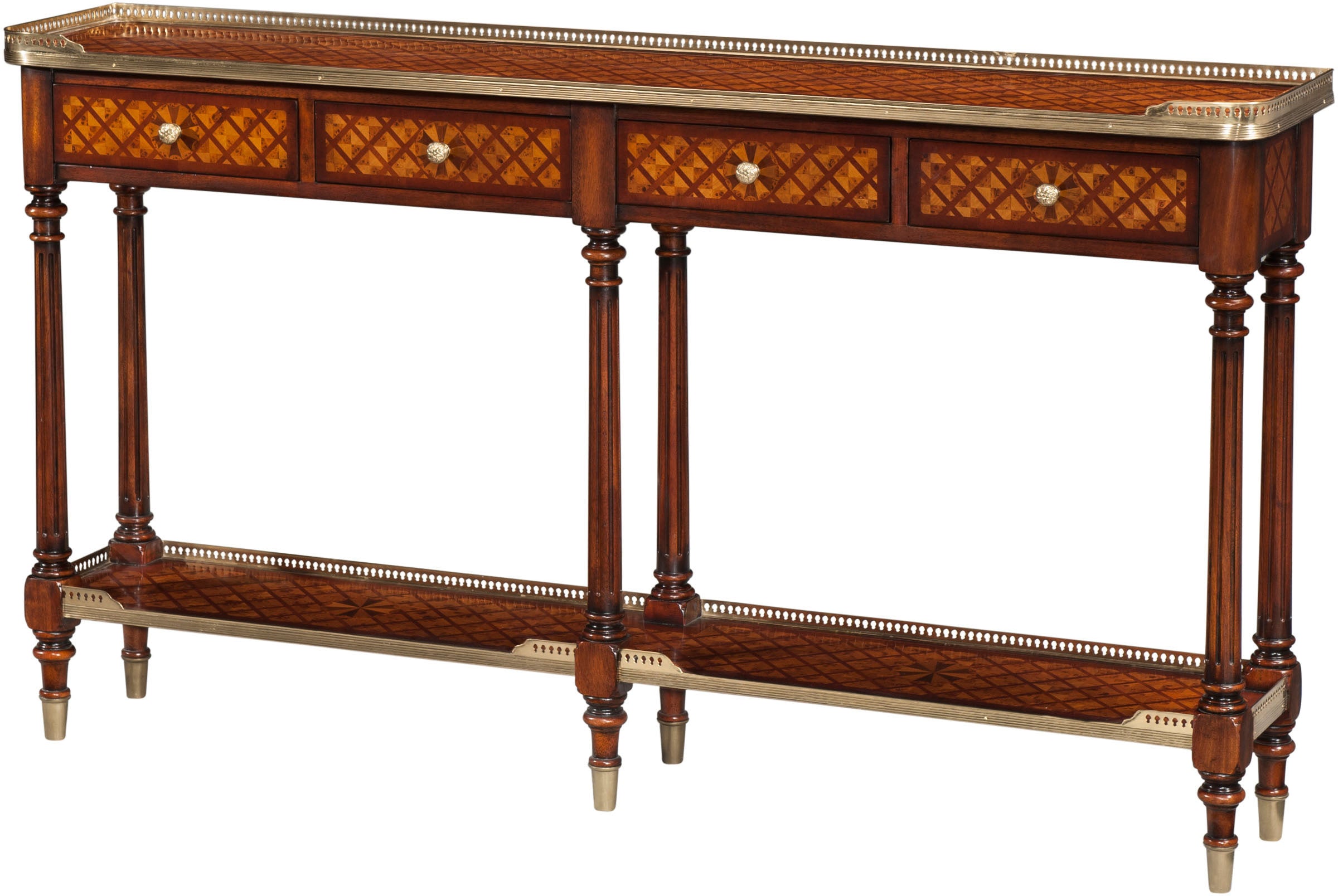 Burl Lattice Parquetry, Brass Mounted Console Table in Poplar Burl Veneer, Acacia, Brass - Theodore Alexander