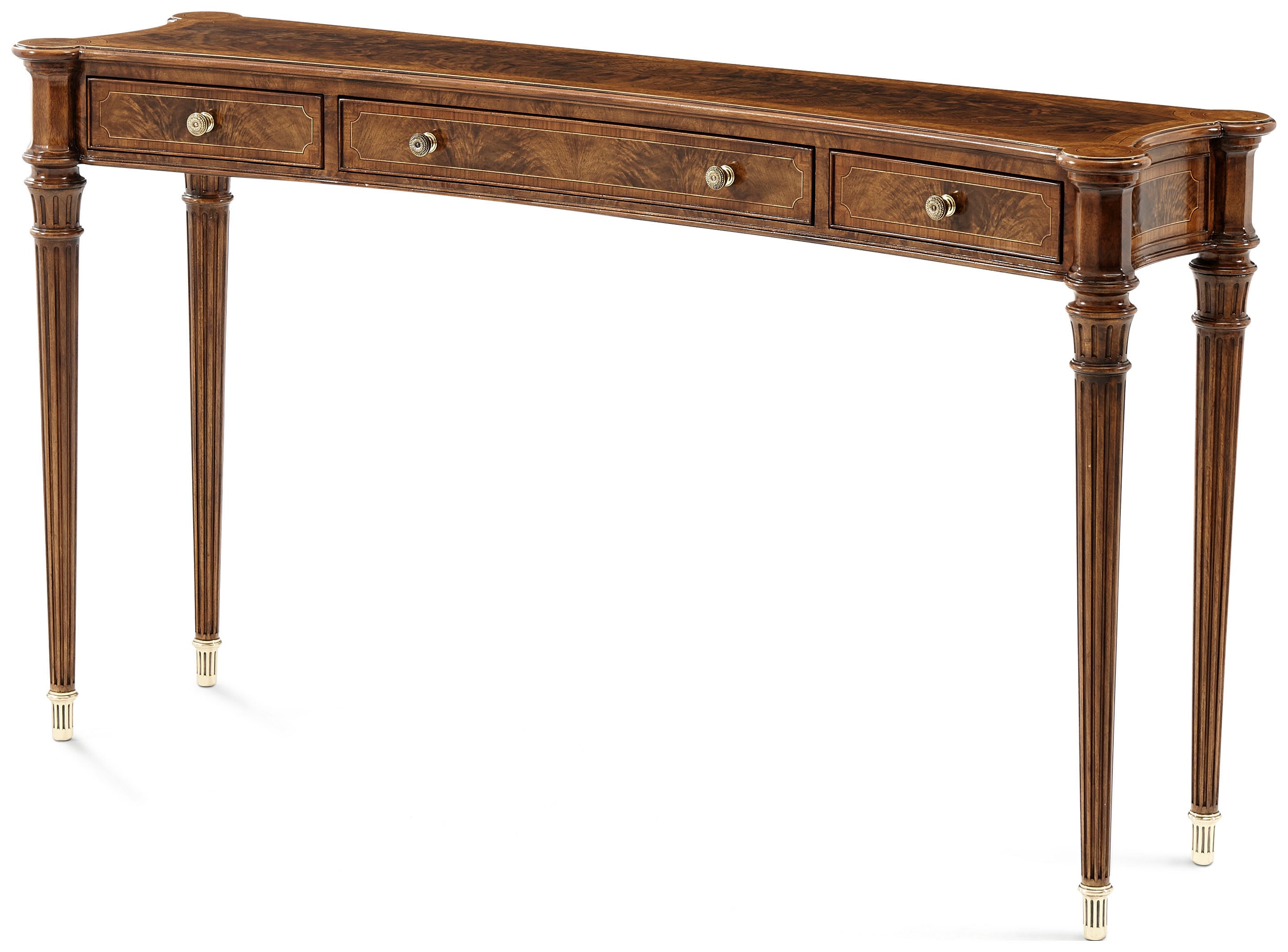 Grandison Console Table in Flame Walnut Veneer, Yew Burl Veneer, Brass - Theodore Alexander