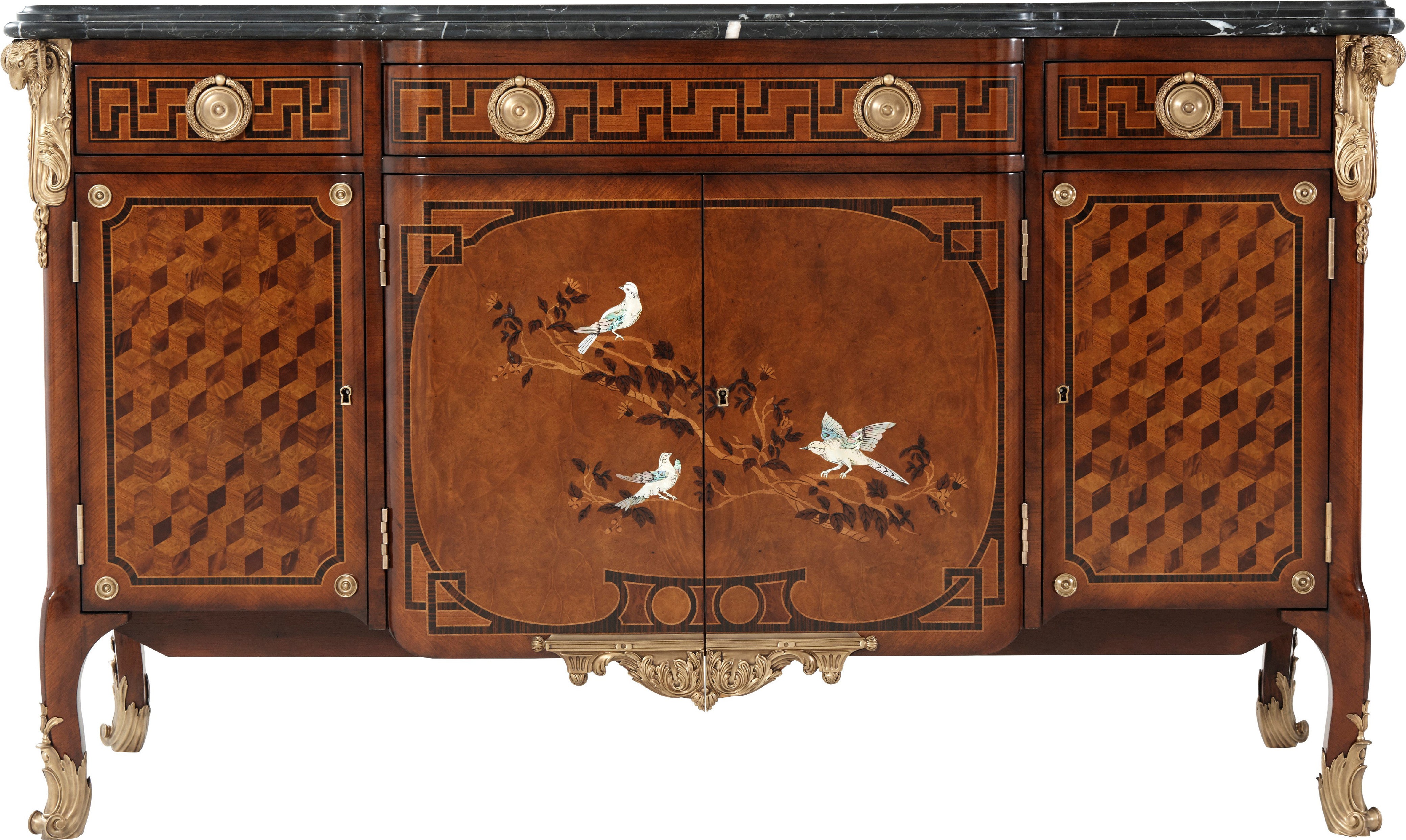 King's Aviary Decorative Chest in Pollard Burl Veneer, Marble, Mother of Pearl - Theodore Alexander