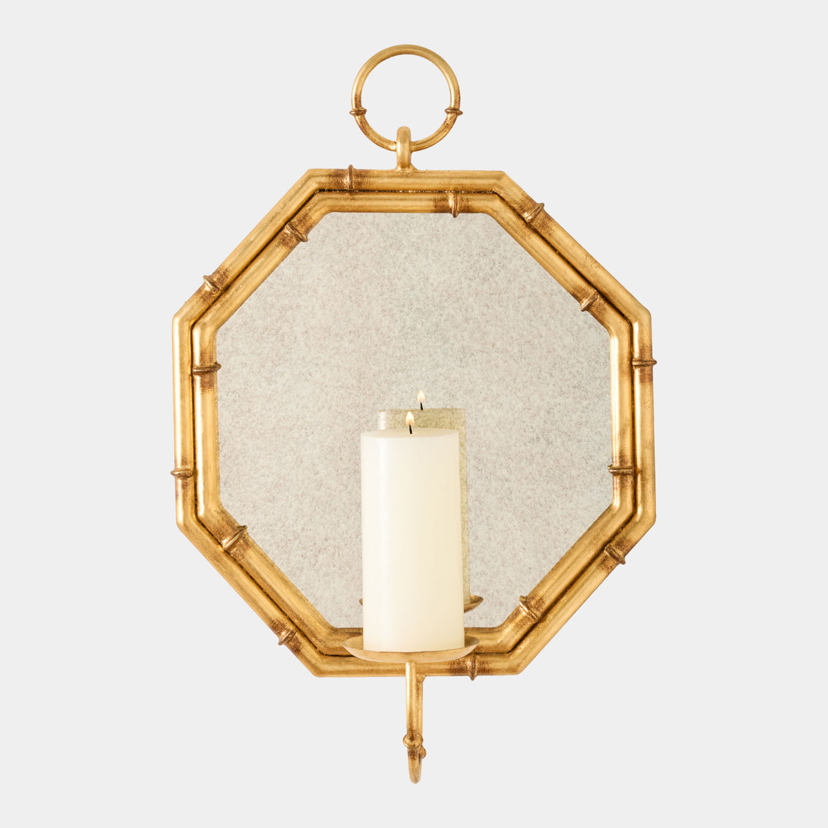 Octagonal Bamboo Mirror w/Candleholder-Gold