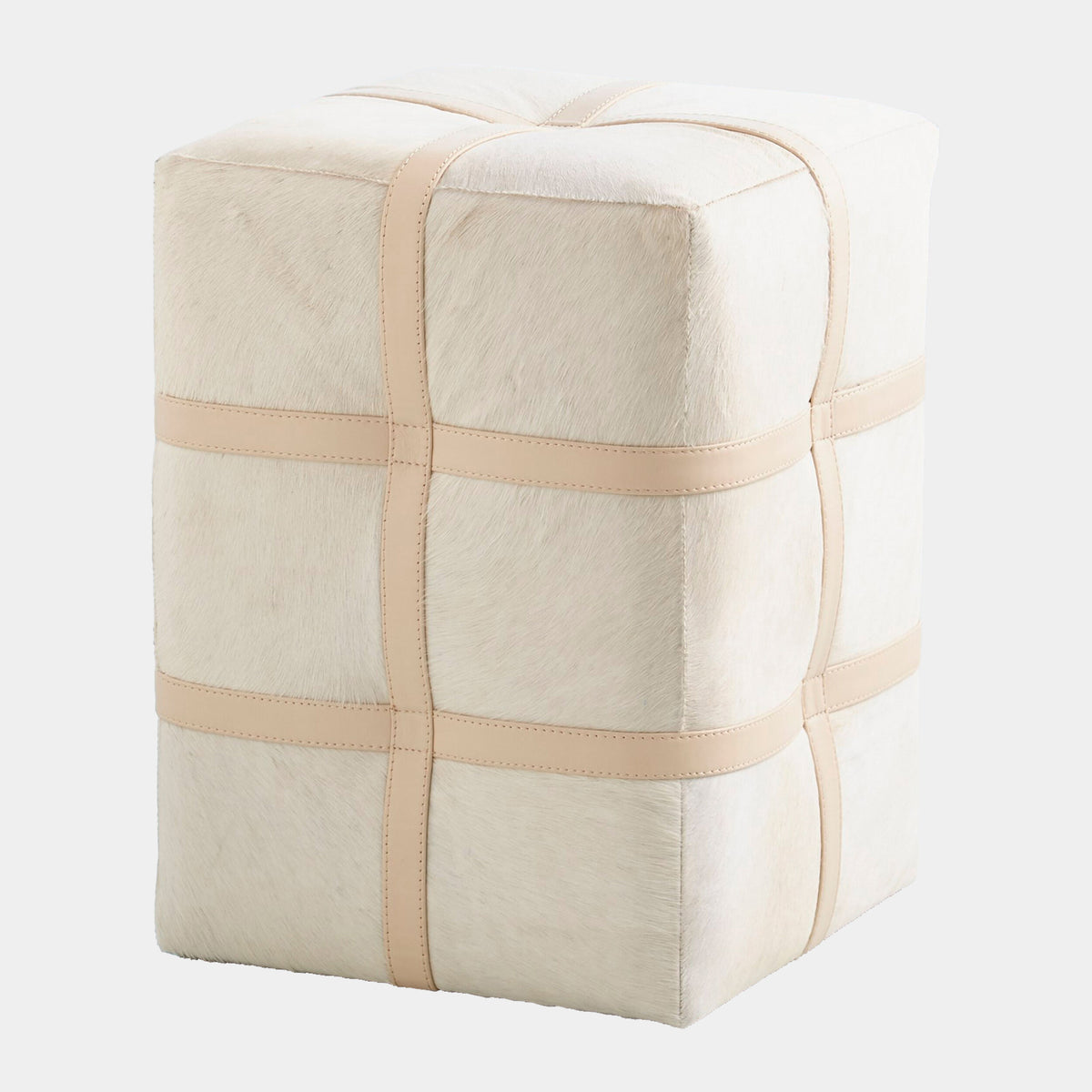 Belted Pouf-Ivory Hair-on-Hide Leather