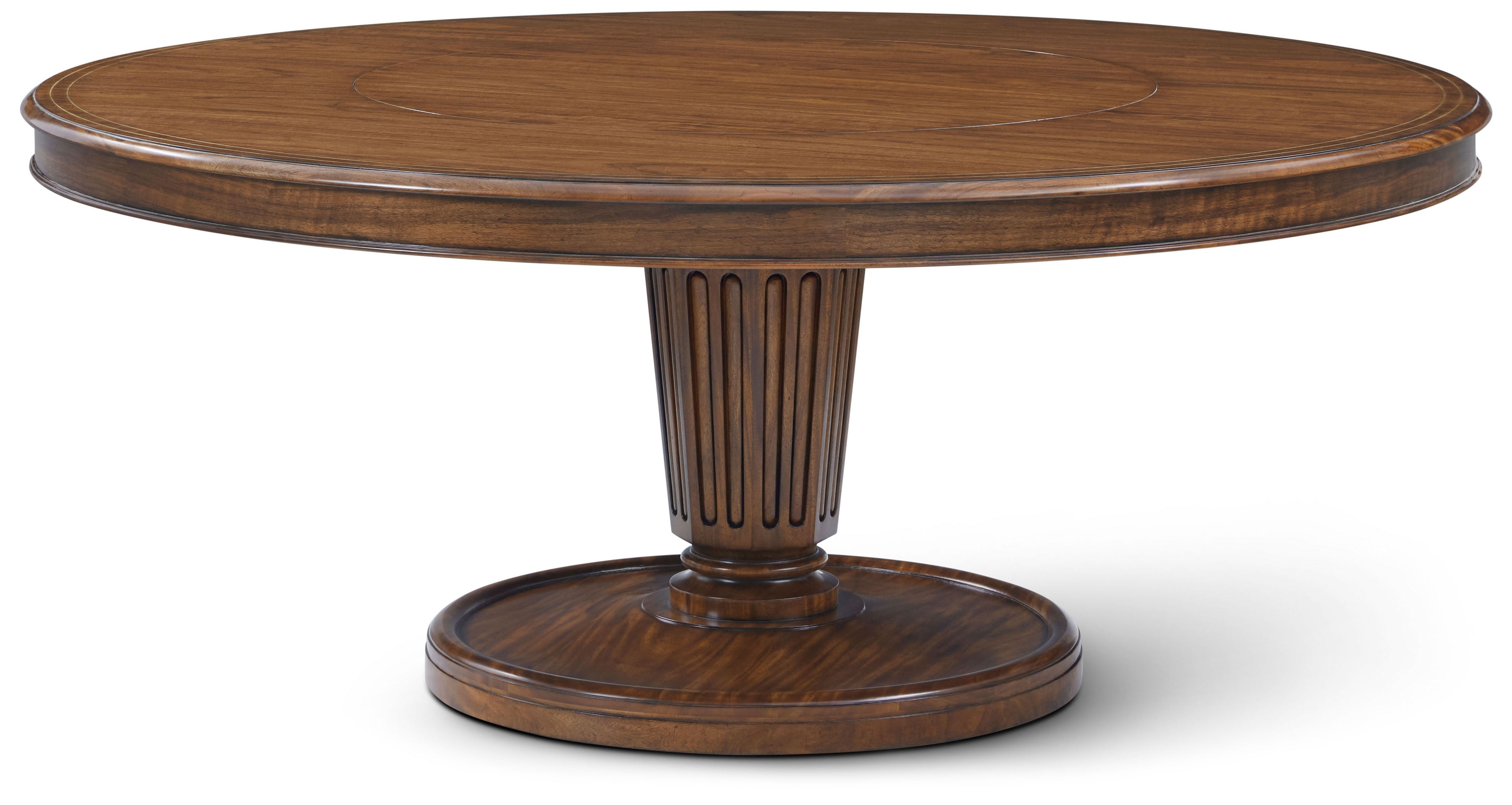 Haddon Round Dining Table with Lazy Suzan in Khaya, Veneer, Brass Inlay - Theodore Alexander