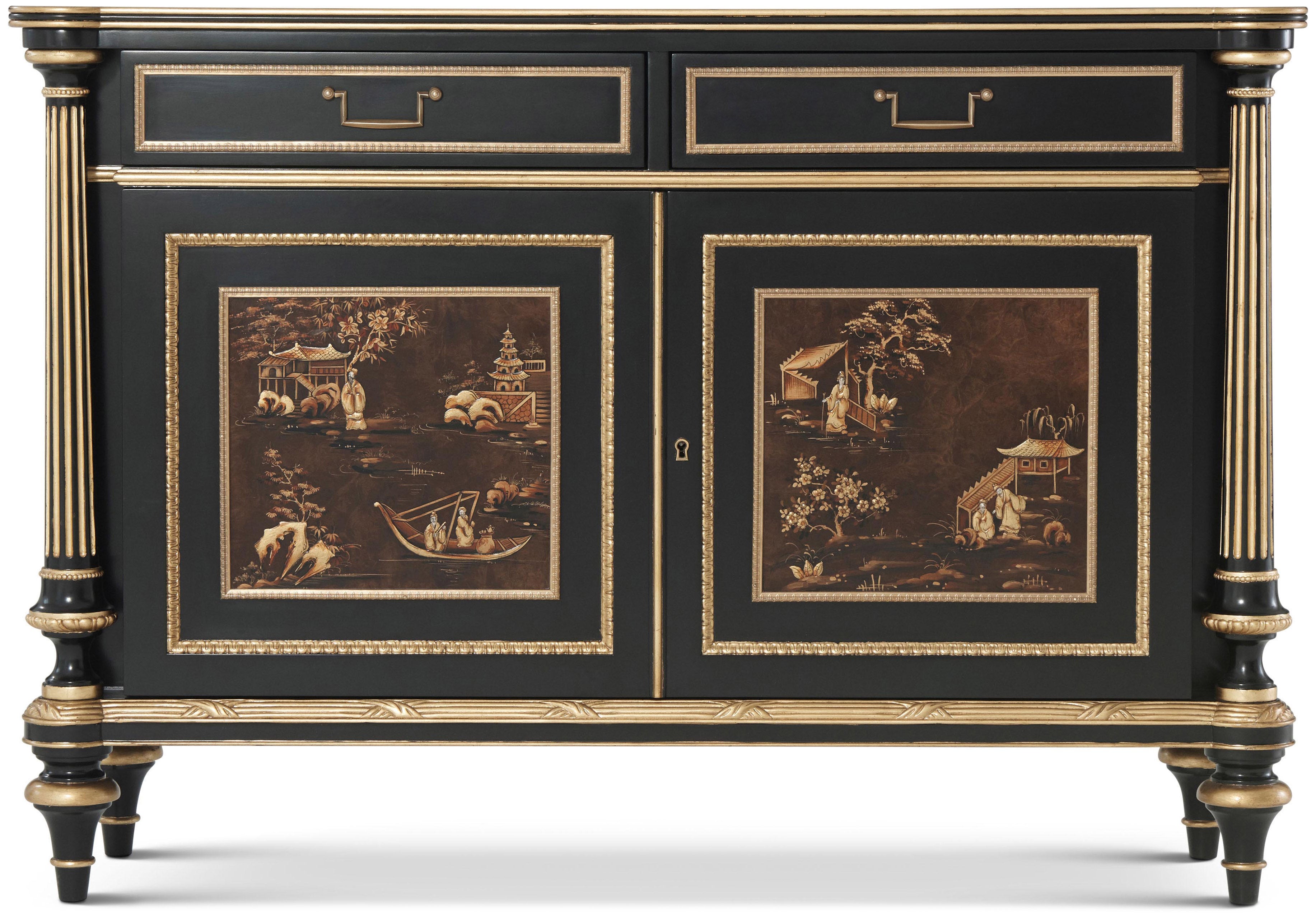 Daguerre Chinoiserie Cabinet in Laurel Burl Veneer, Mahogany, Brass - Theodore Alexander