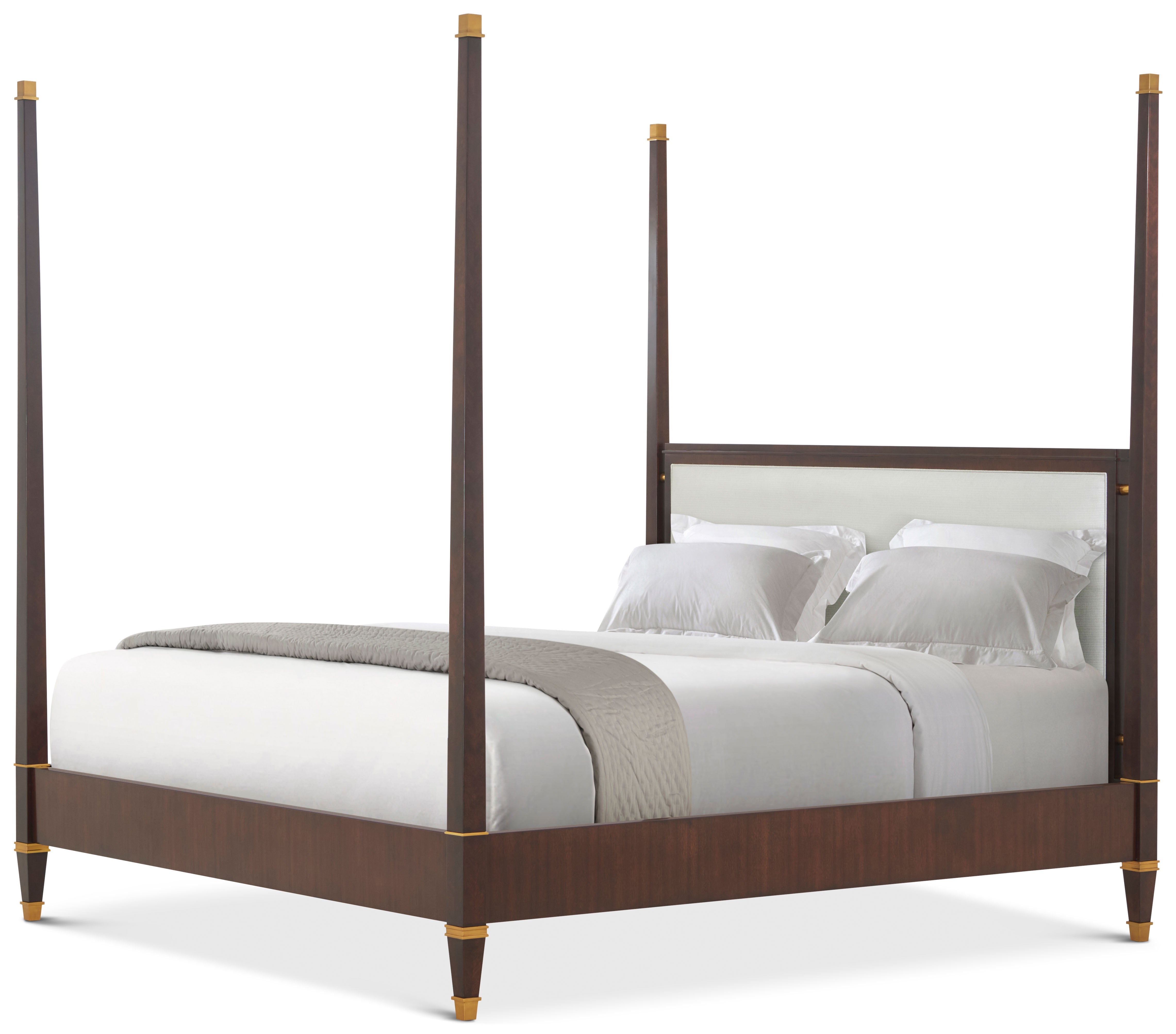 Markos Upholstered Poster US Queen Bed in Khaya Veneer, Brass - Theodore Alexander
