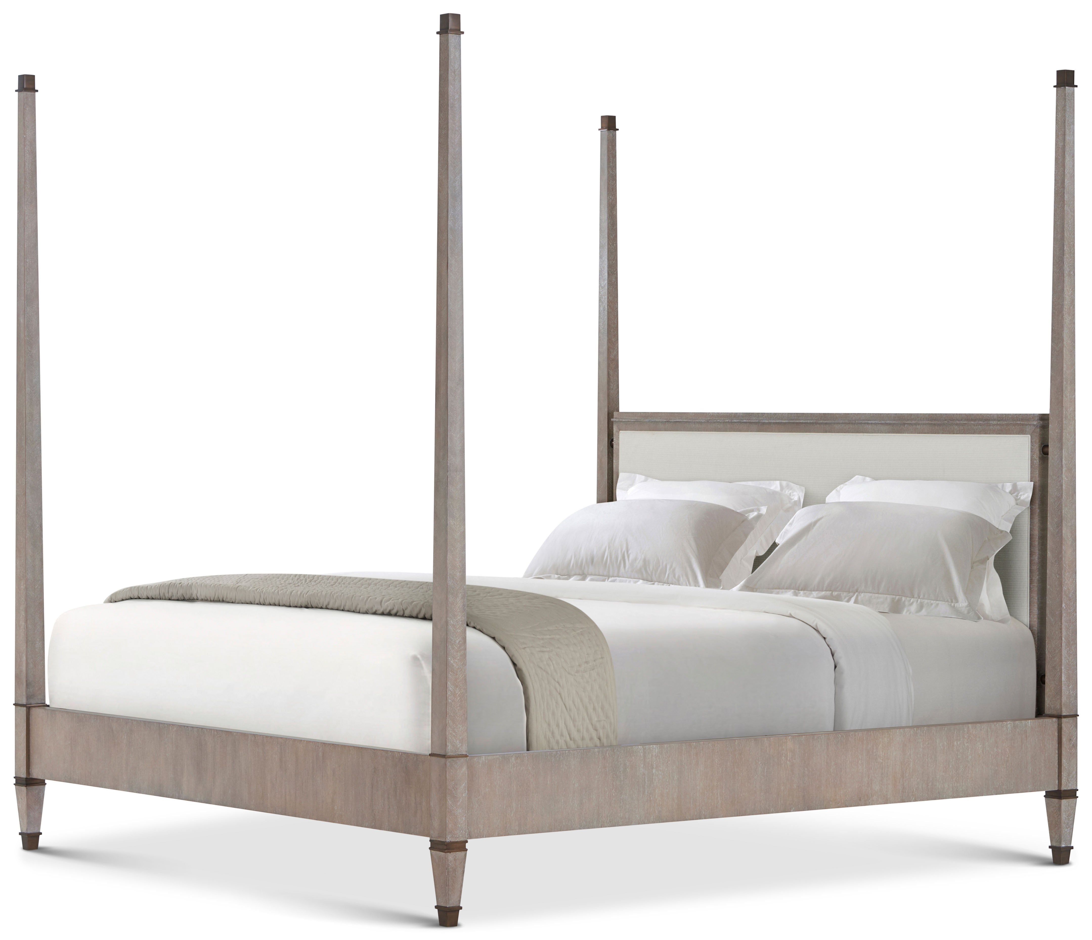 Markos Upholstered Poster US King Bed in Khaya Veneer, Brass - Theodore Alexander