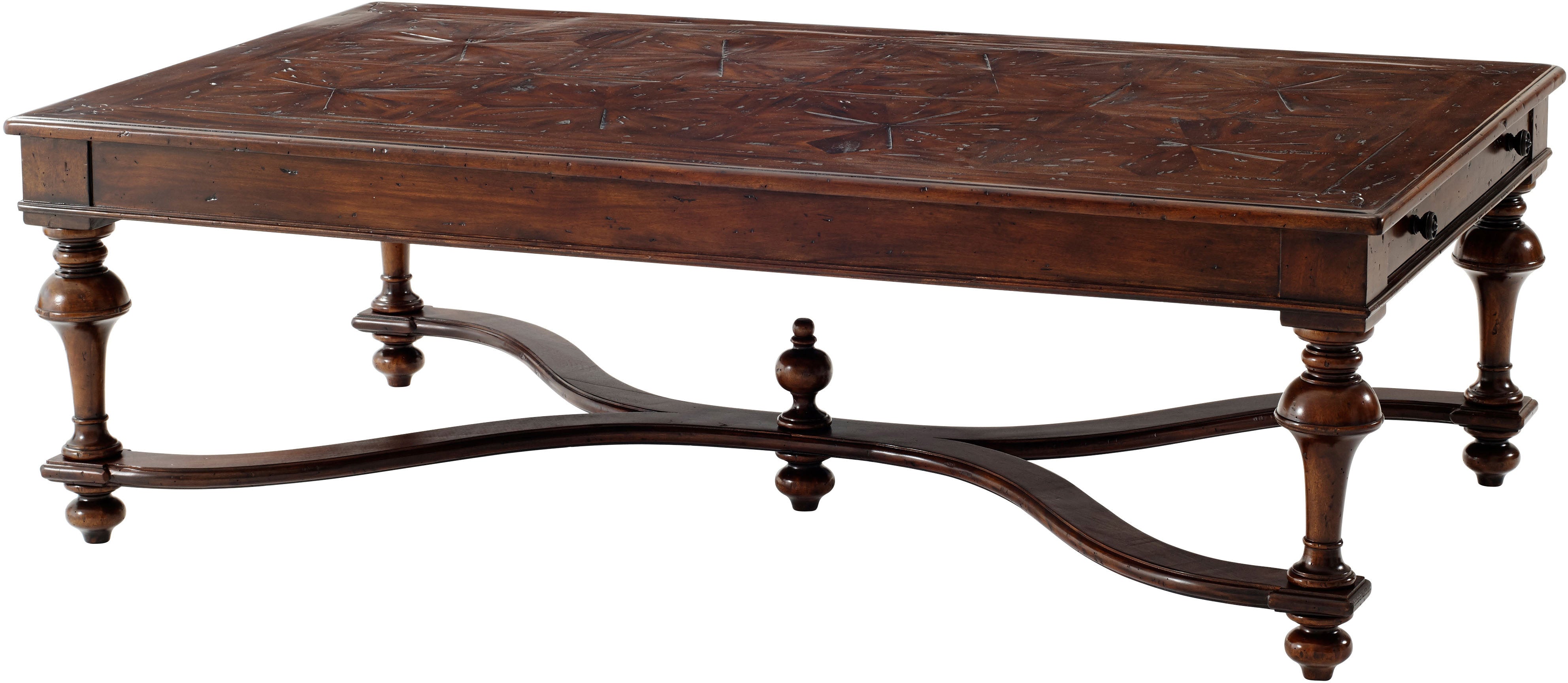 The Rustic Parquetry Cocktail Table in Mahogany Wood, Brass - Theodore Alexander