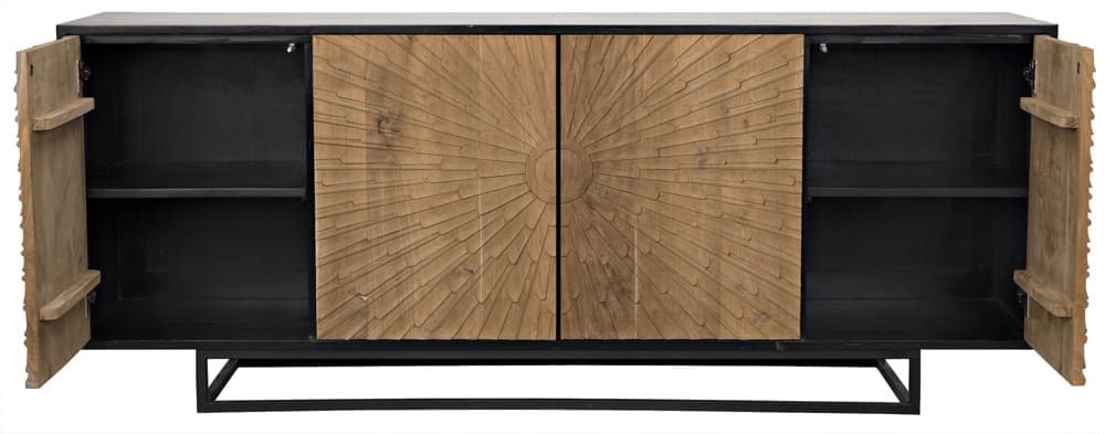 Ra Sideboard, Hand Rubbed Black with Teak in Hand Rubbed Black, Clear Coat Flat, w/ Matte Black Base — Noir Furniture