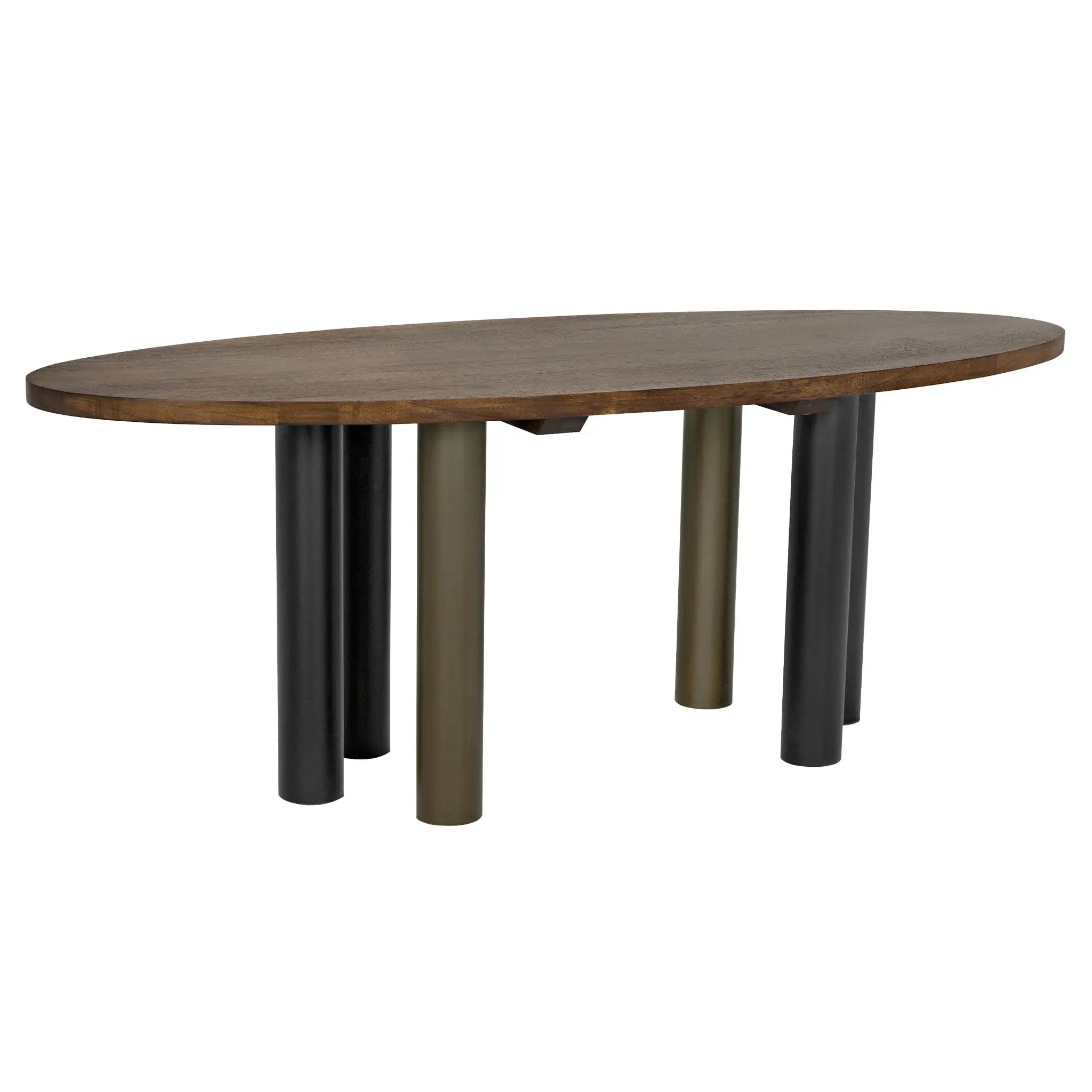 Journal Oval Dining Table, Dark Walnut with Black & Aged Brass Iron Base