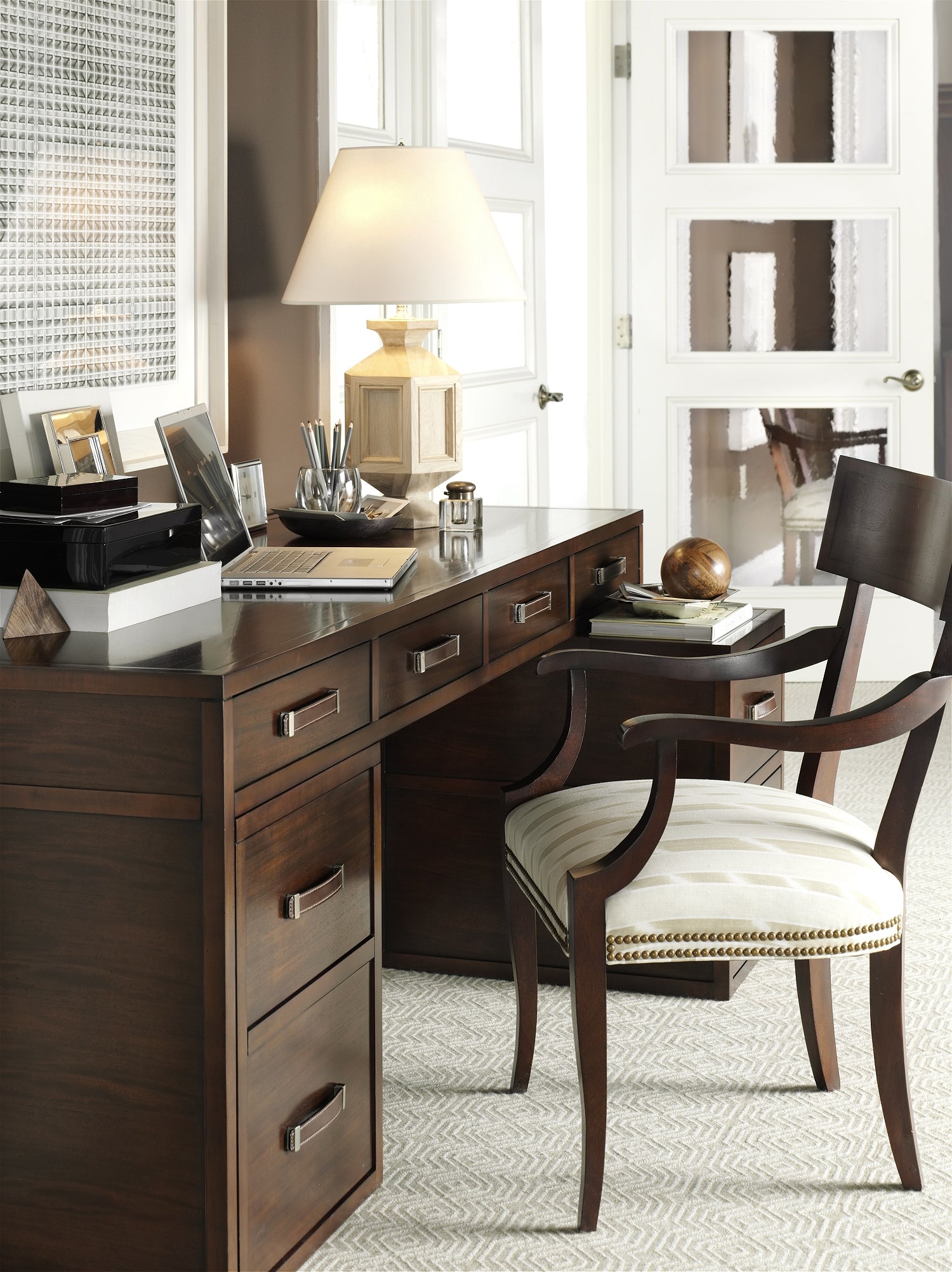HARRISON FOUR-DRAWER DESK in Primavera Veneers, Maple Solids - Hickory Chair