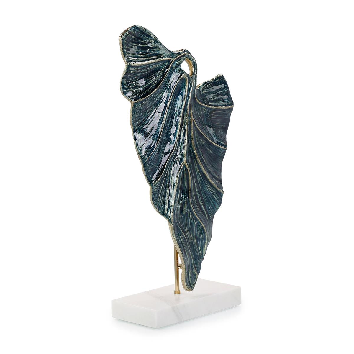 Standing Leaf Sculpture on Marble Base, Large Blue – Art by John Richard | Sutter & Vale