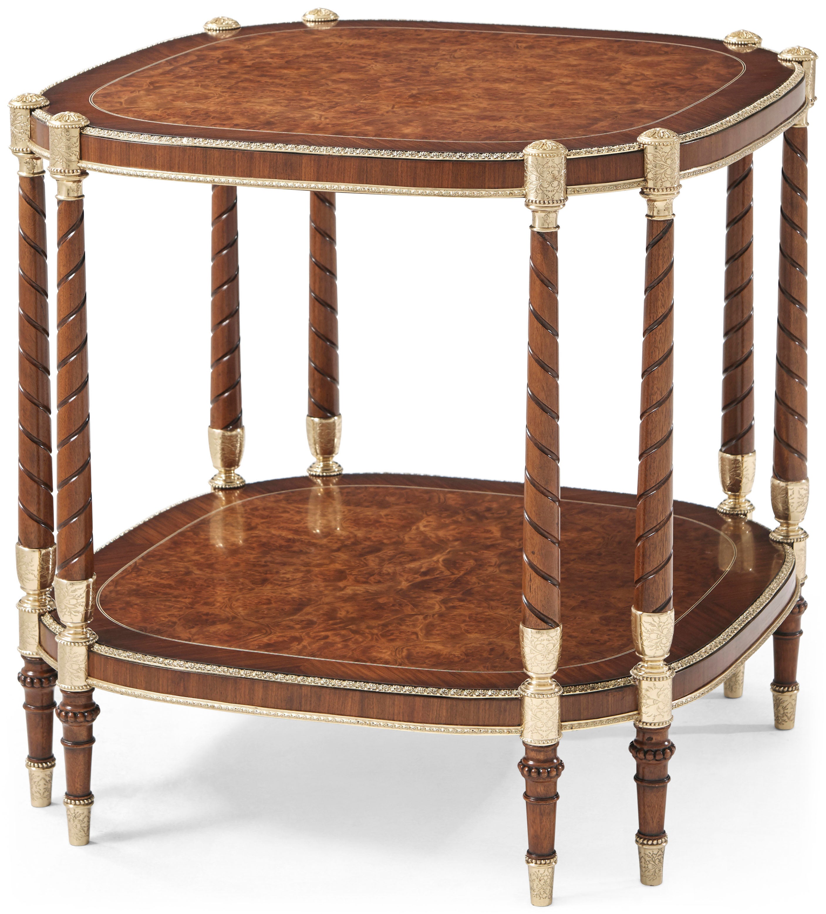 The Timothy Side Table in Golden Madrone Veneer, Morado Veneer, Brass - Theodore Alexander