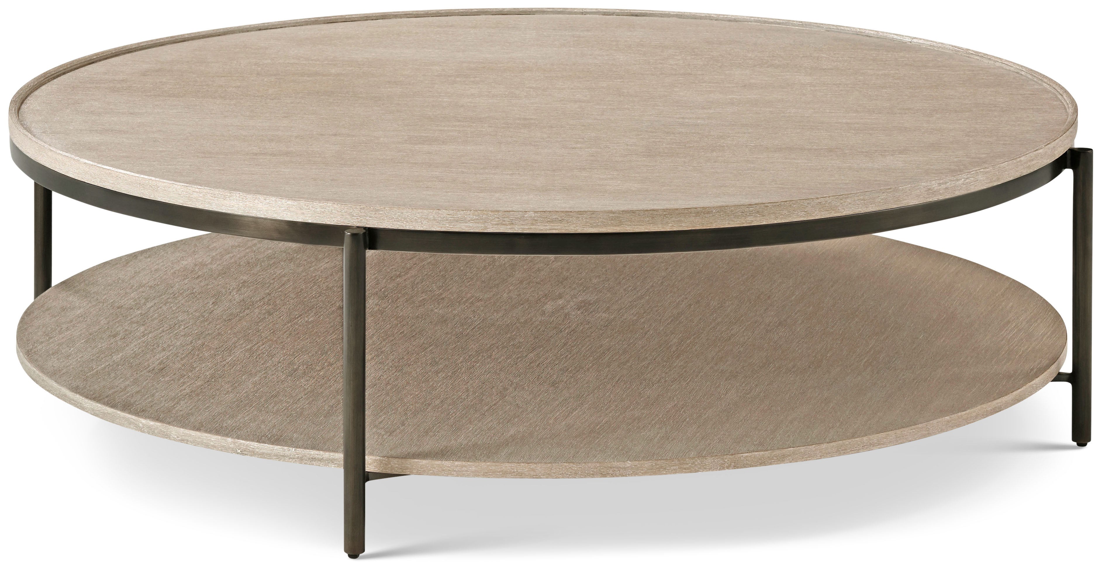 Repose Round Coffee Table in PCF1175.1K2HA3F_Grey_Oak_MCF551.SI_Bronze_Metal / Veneer, Steel - Theodore Alexander