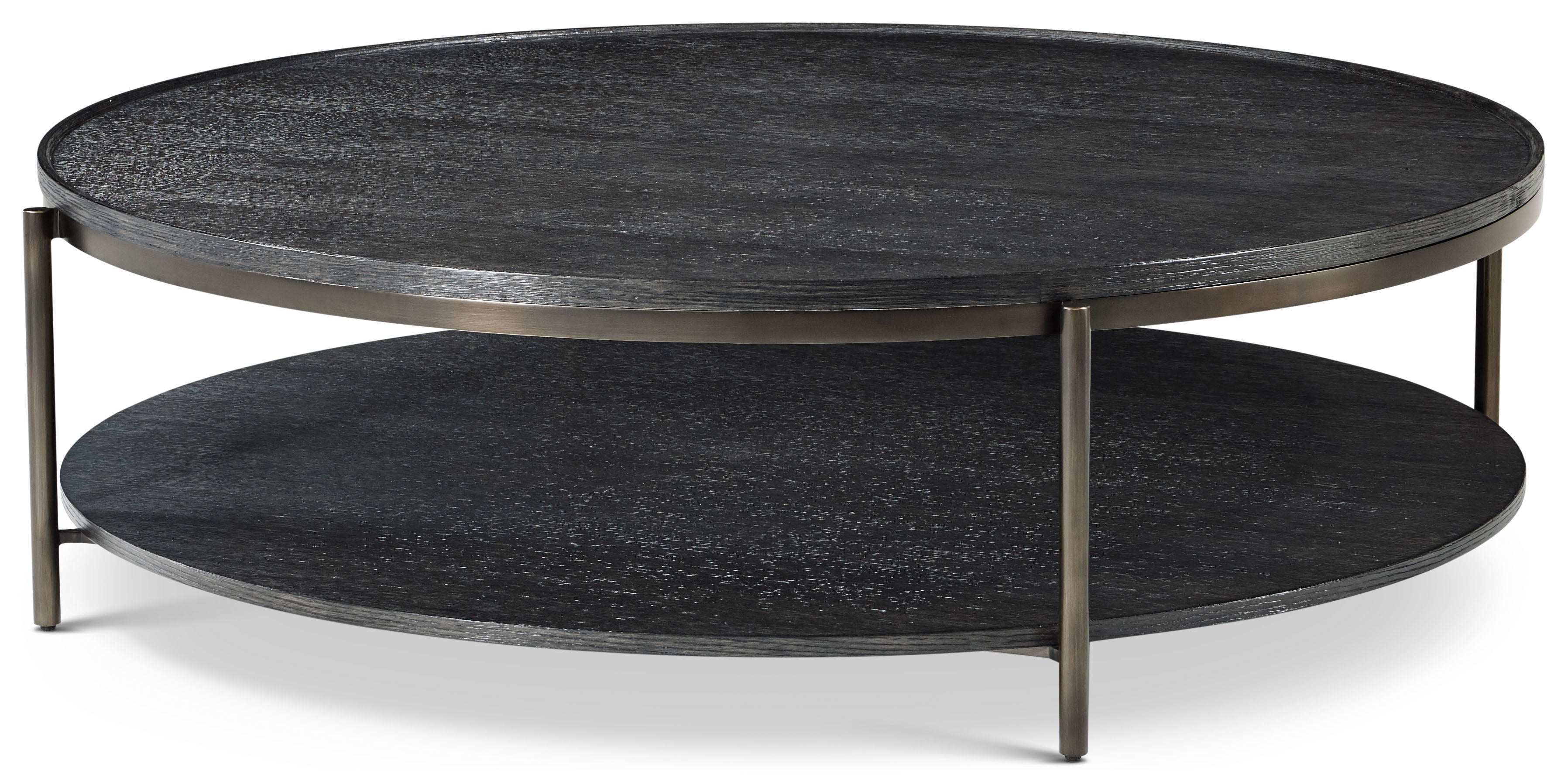 Repose Round Coffee Table in PCF1186.1L2HA3F_Charcoal_Oak_MCF551.SI_Bronze_Metal / Veneer, Steel - Theodore Alexander