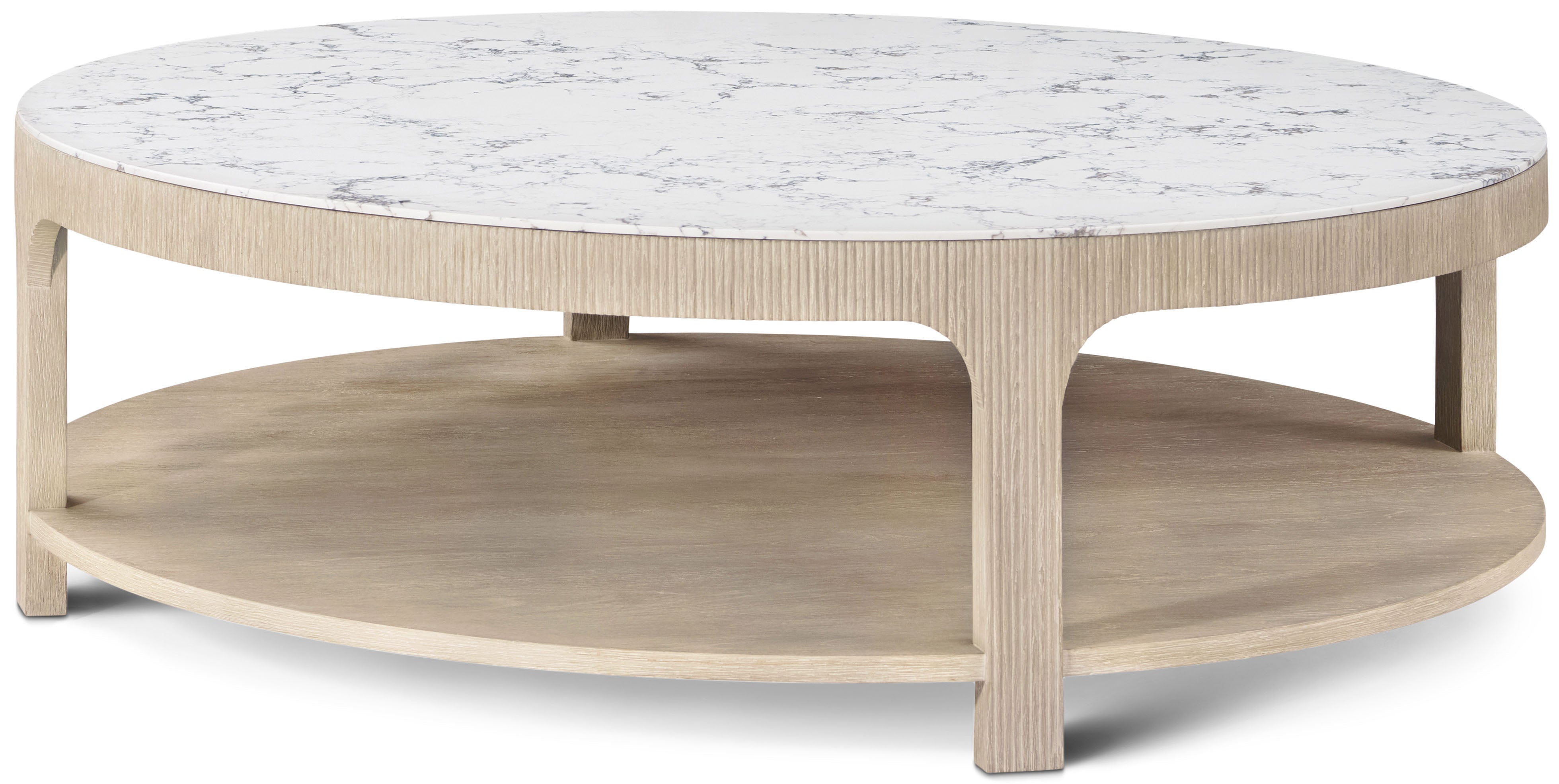Horizon Round Quartz Cocktail Table in Ash Wood, Oak Veneer, Quartz - Theodore Alexander
