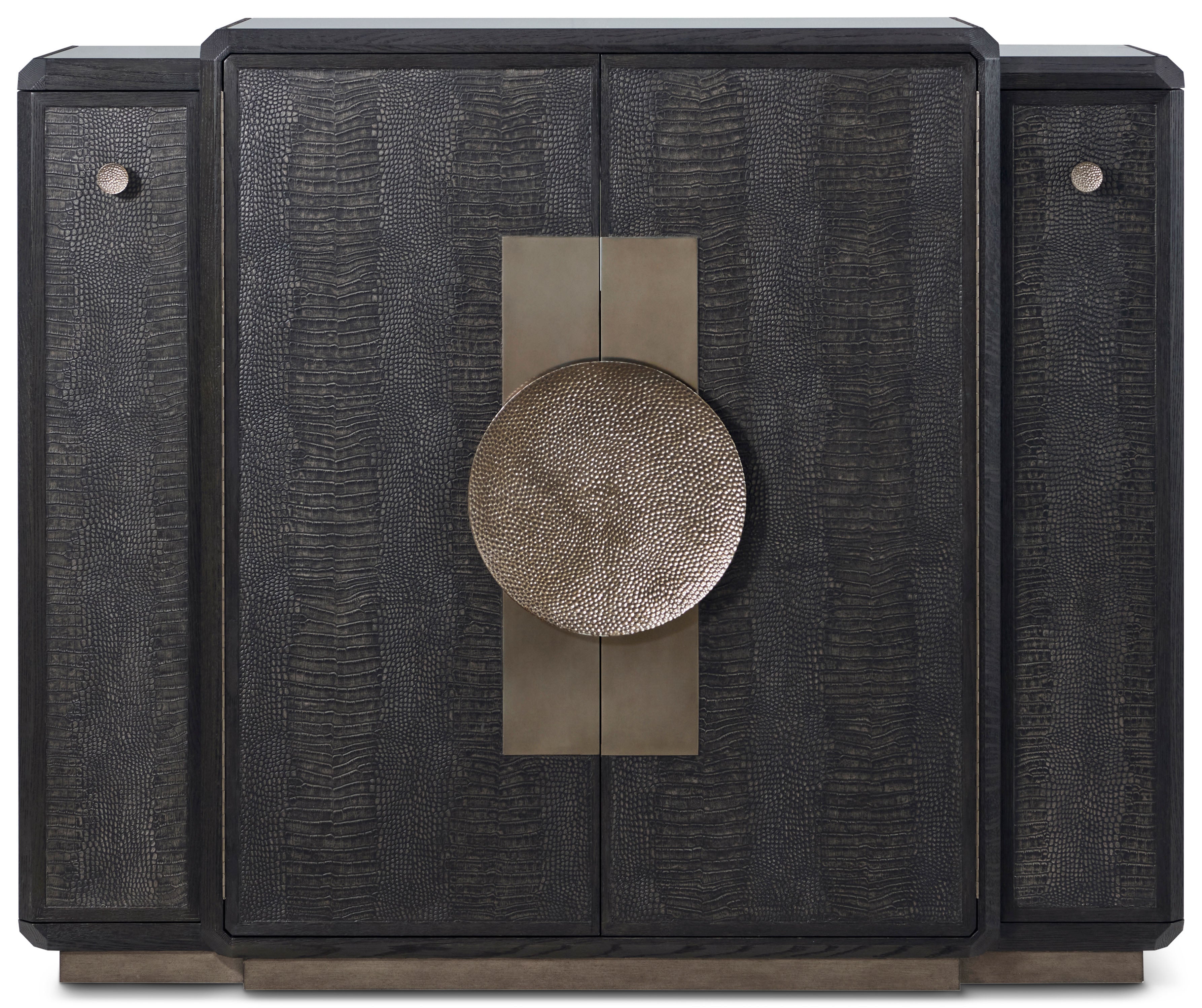 Spencer St. James Bar Cabinet in White Oak Wood, Tulip Wood, Beech Wood, White Oak Veneer, Okoume Veneer, Aluminum, Glass, Stainless Steel, Reconstructed Pattern Crocodile, Mirror - Theodore Alexander