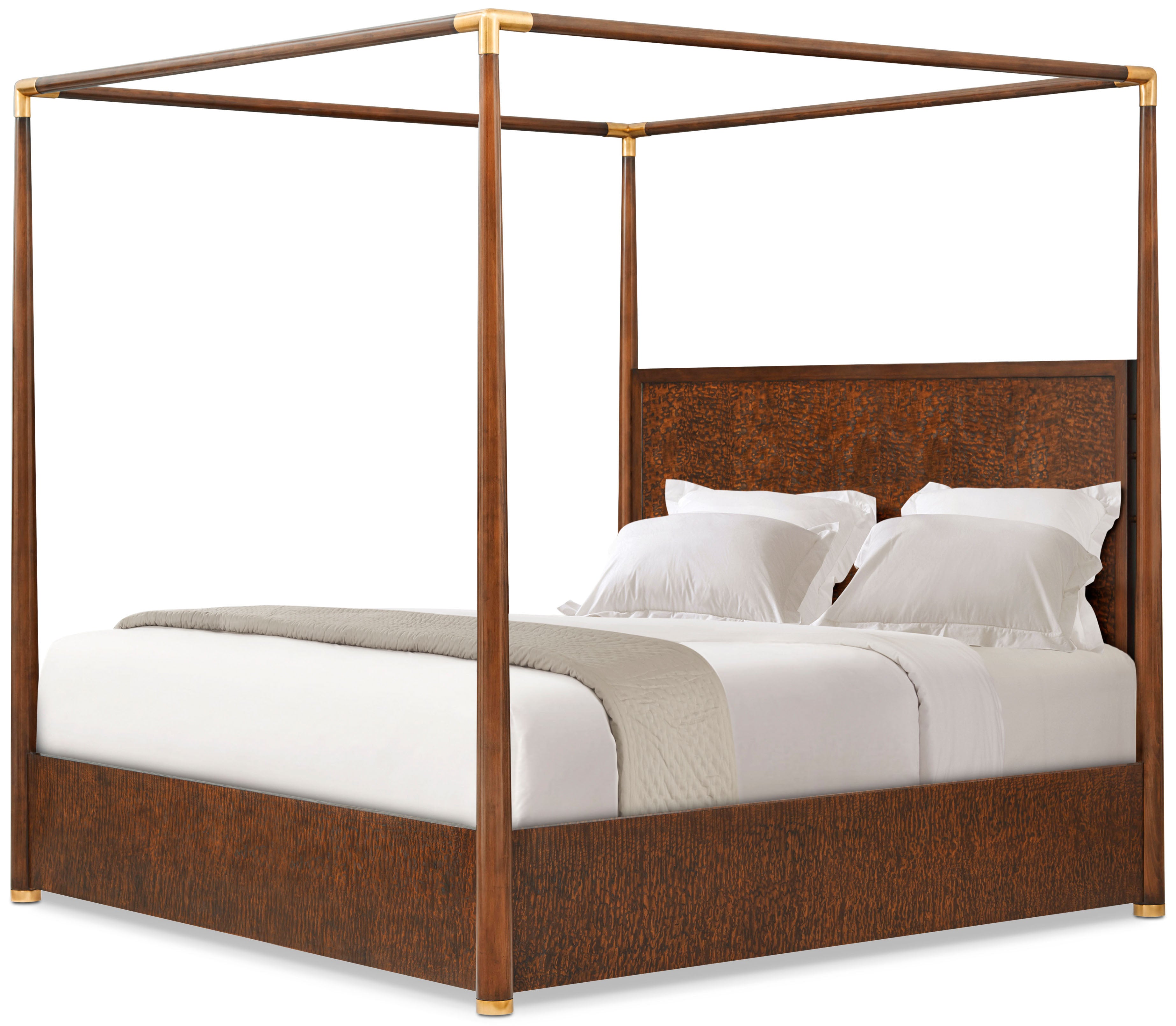 Kesden Poster US Queen Bed in VCF1801_pyramid_brown_MCF538.B_satin_brass / Brass, Wood, Veneer - Theodore Alexander