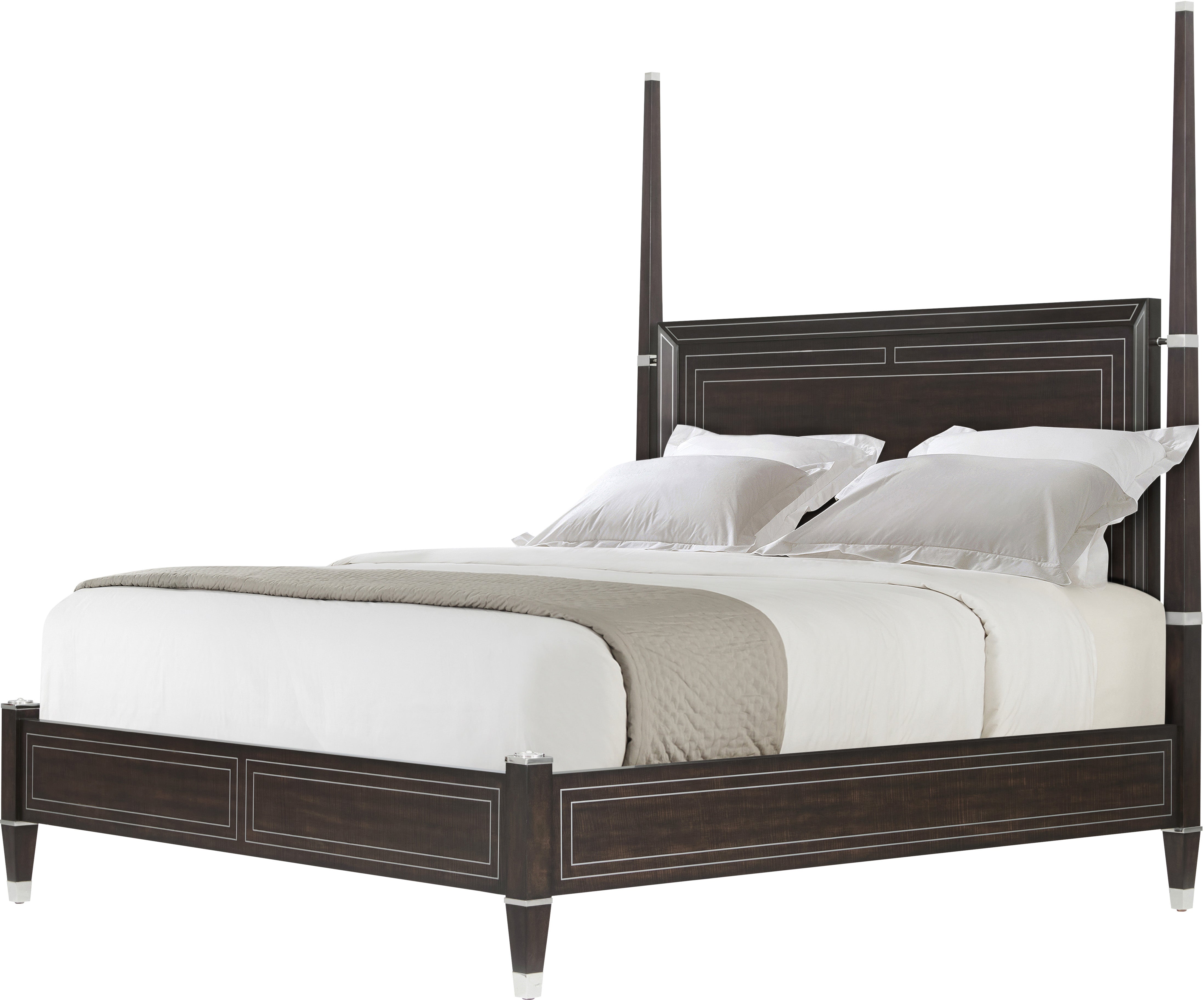 Spencer London US Queen Poster Bed in Sycamore Veneer, Brass, Stainless Steel Inlay - Theodore Alexander
