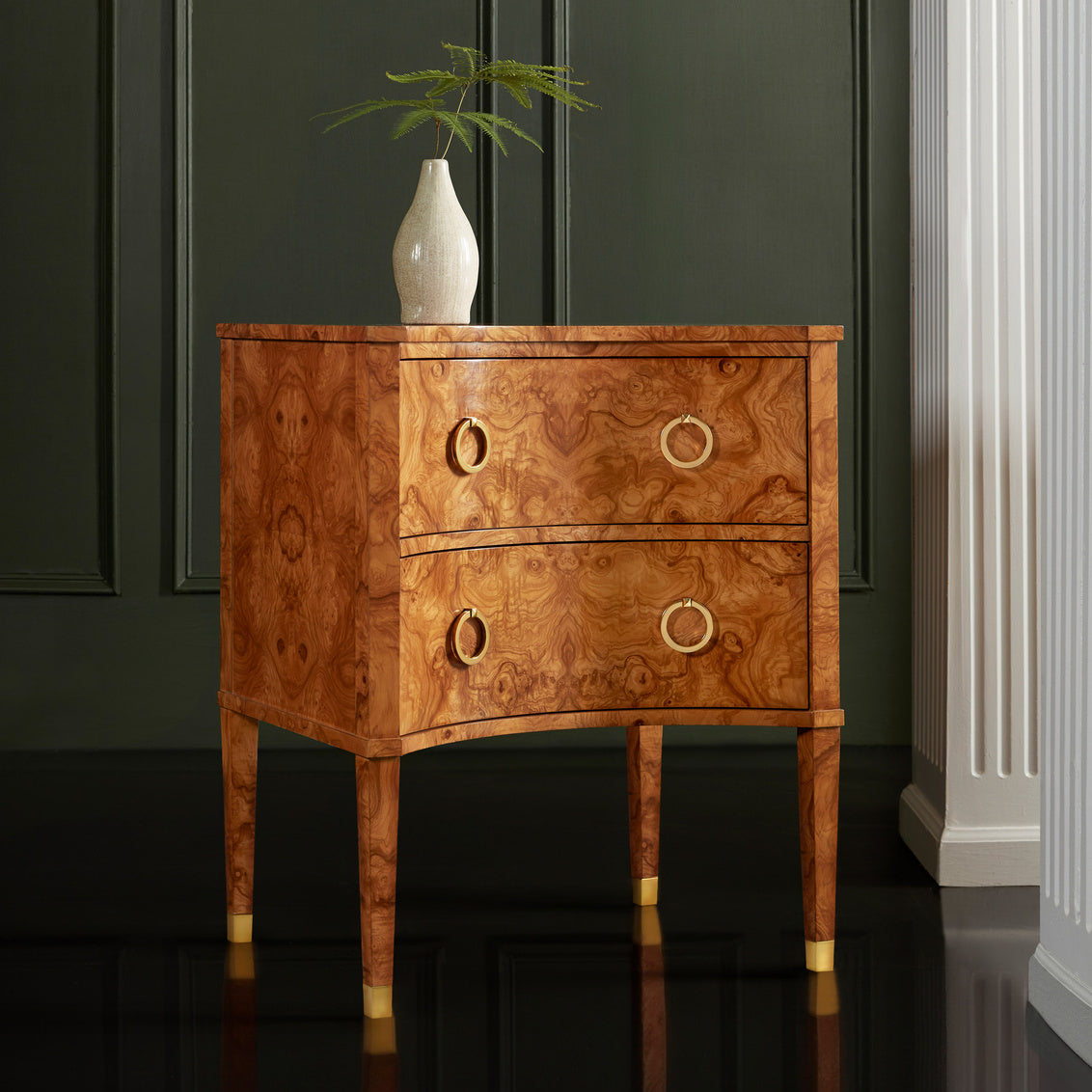 Two Drawer Concave Cabinet-Olive Ashe Burl – Cabinets by Modern History | Sutter & Vale