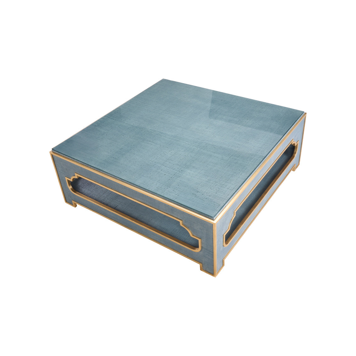 Yangon Coffee Table - Blue in Slate Blue/Gold Leaf/Clear / Raffia - Chelsea House