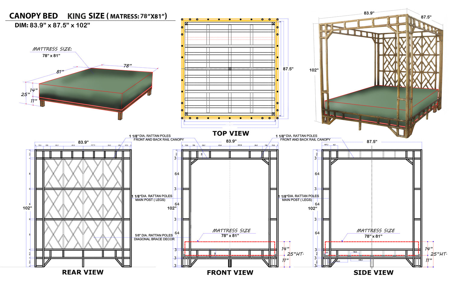 Paradise Canopy Bed - King in Natural / Rattan - Chelsea House