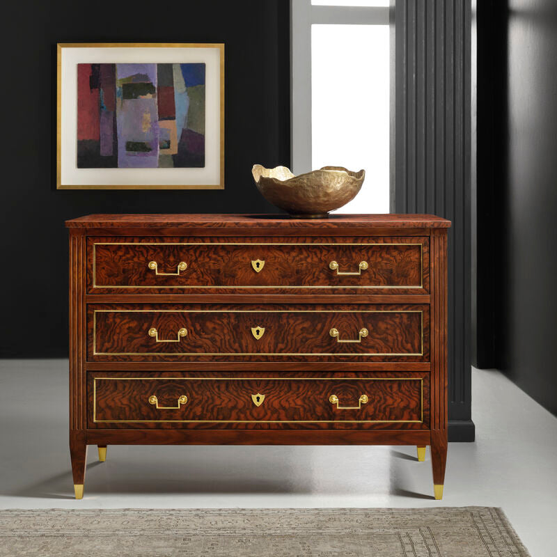 French Three Drawer Commode- Walnut Burl