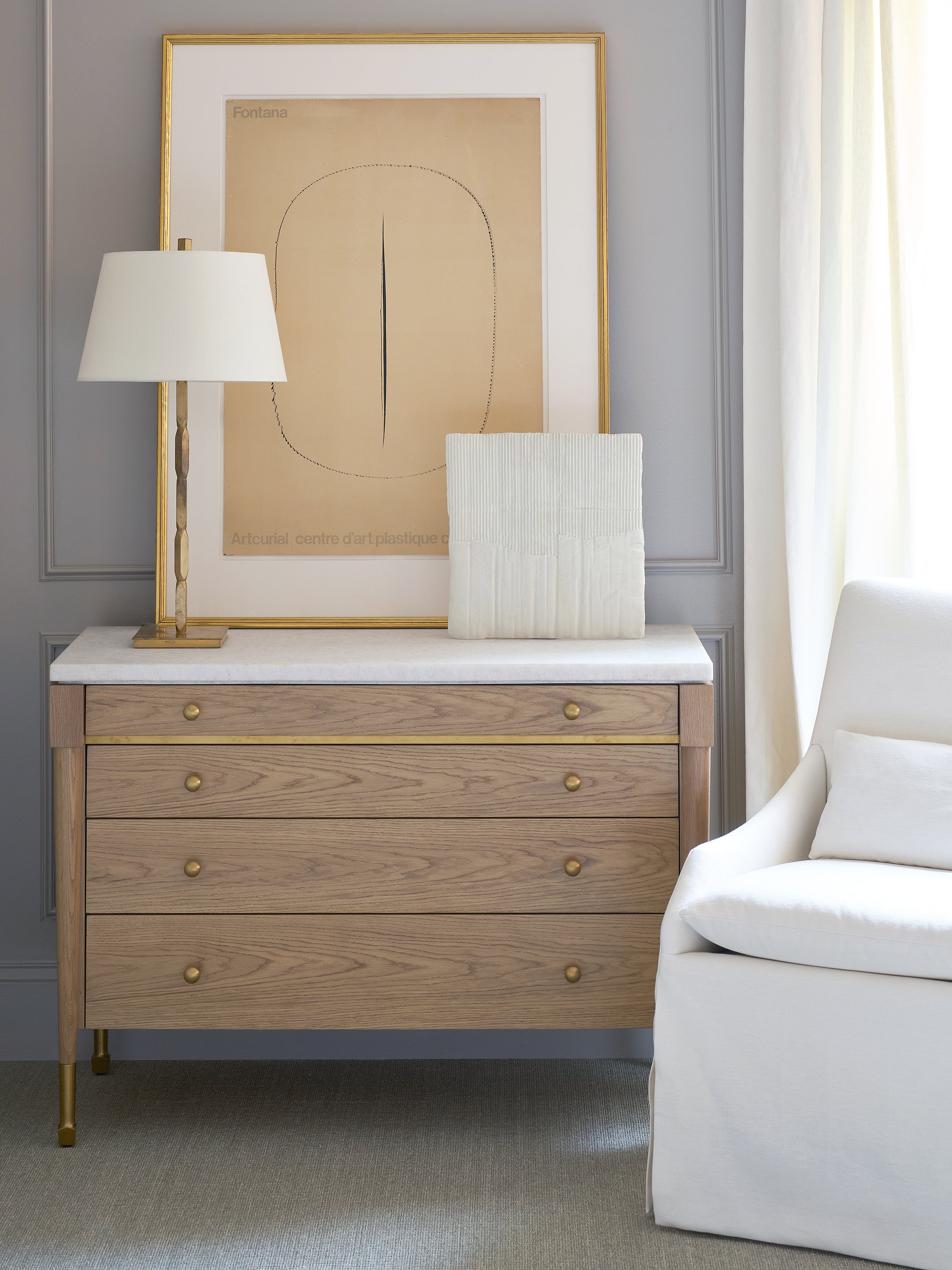 Hervé Stone Top Chest in White Oak Veneers, White Oak Solids, Stone, Brass - Hickory Chair