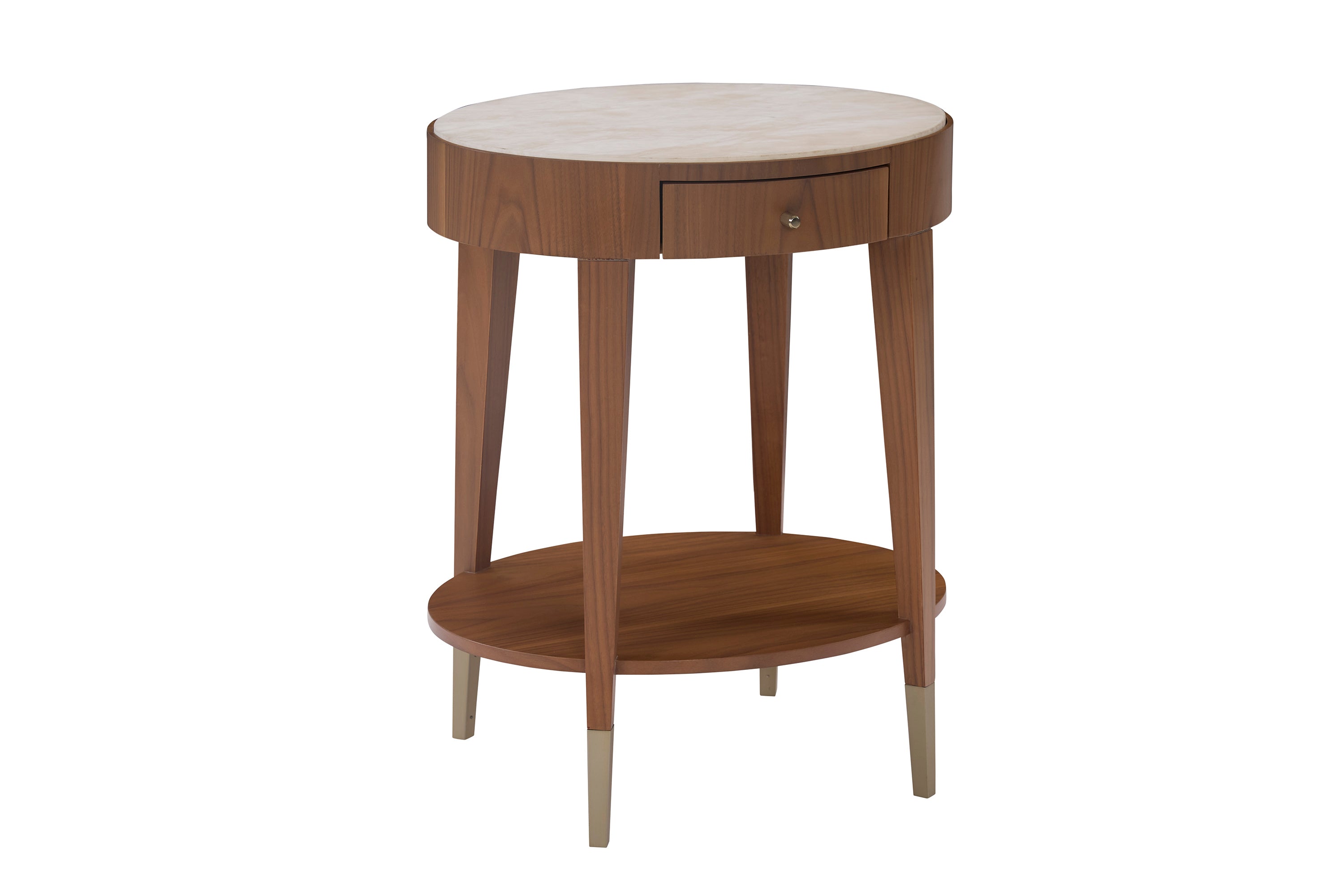 Denzil Oval Nightstand / Side Table in Walnut Veneers, Walnut Solids, Stone - Hickory Chair