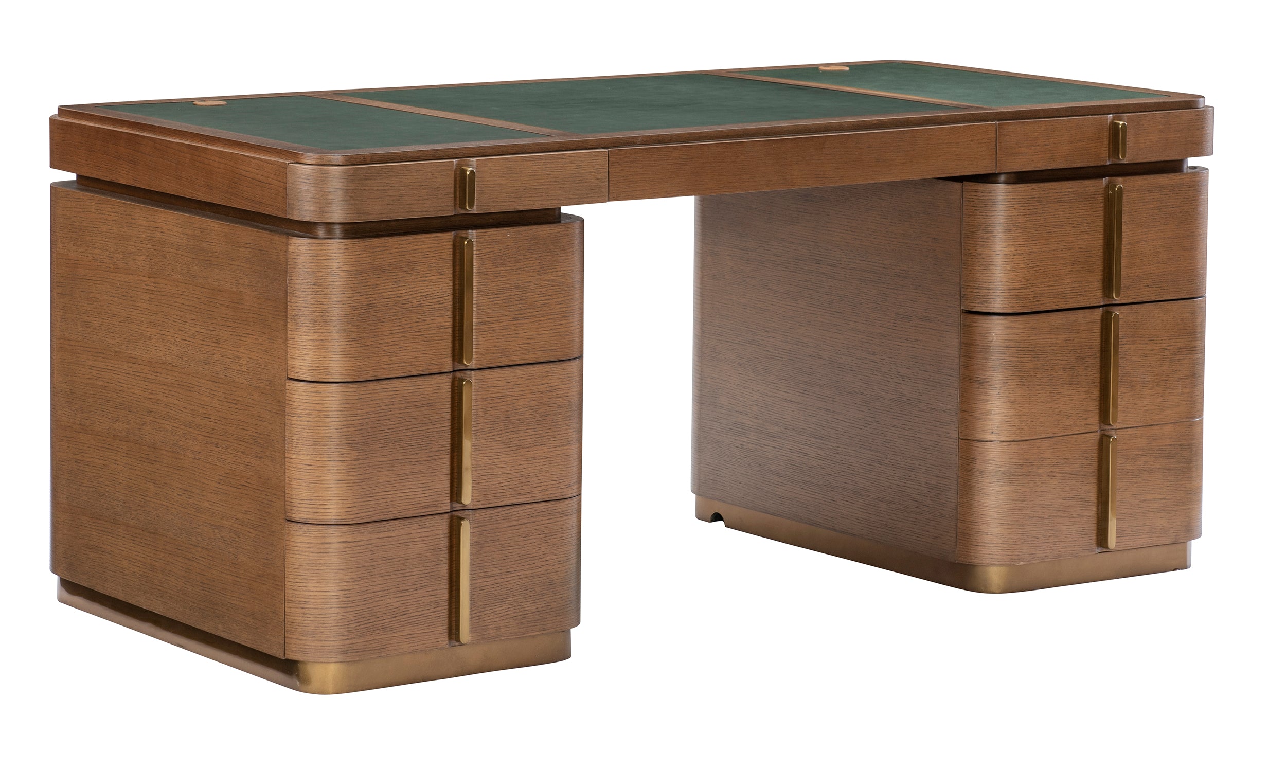 Desk opening: 26"H x 28"W. Center drawer with dividers. Left upright = 3 drawers. Right upright = 1 drawer + 1 file draw