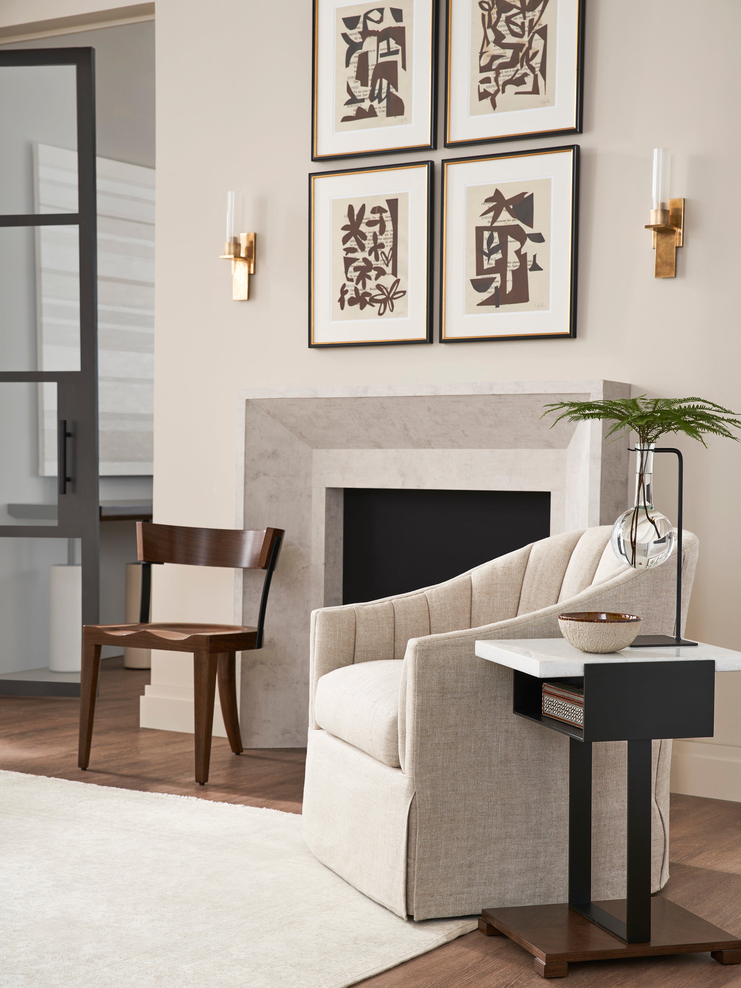 Brace Drink Table in Steel, Stone, American Walnut - Hickory Chair