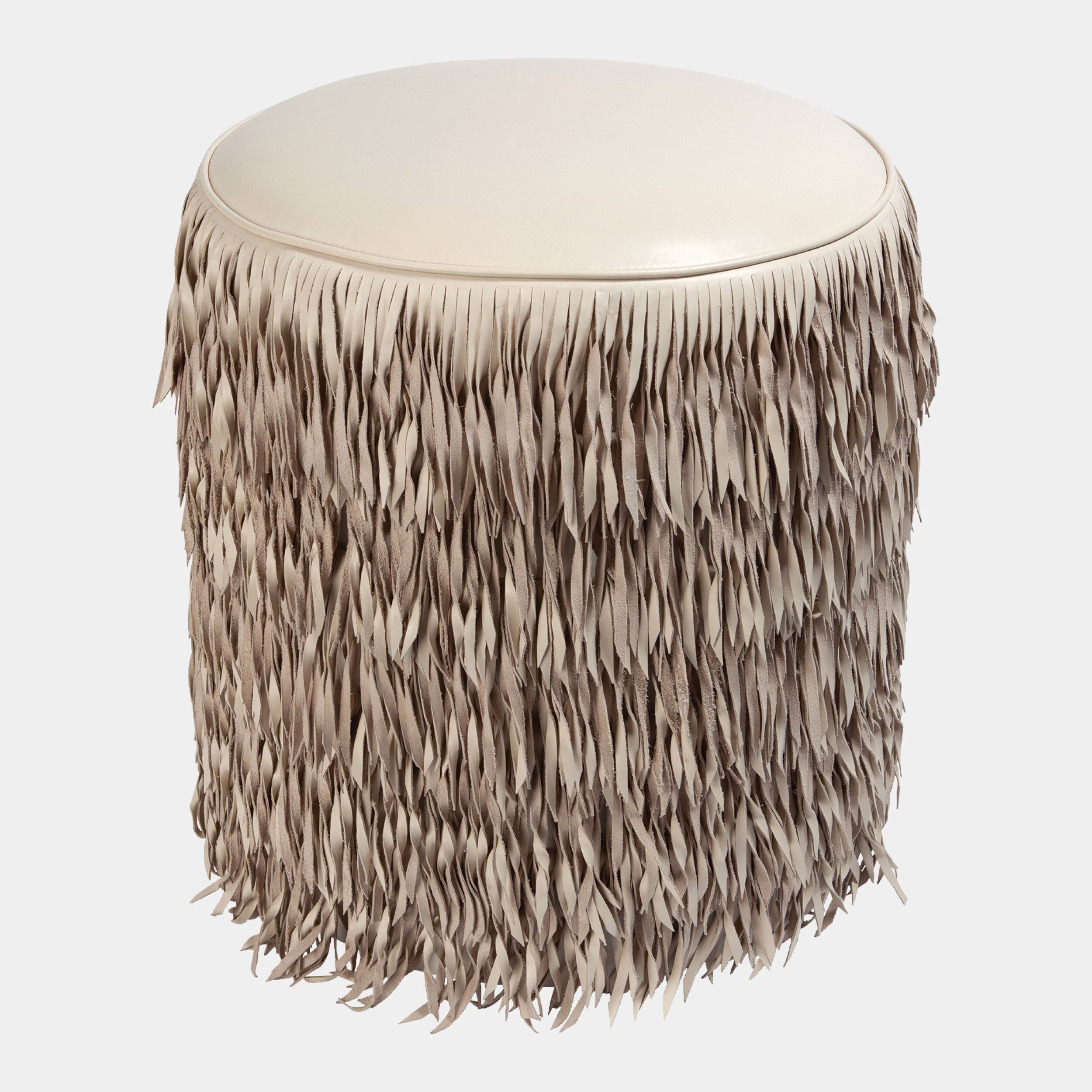 Thelma Fringe Ottoman-Ivory Marble Leather