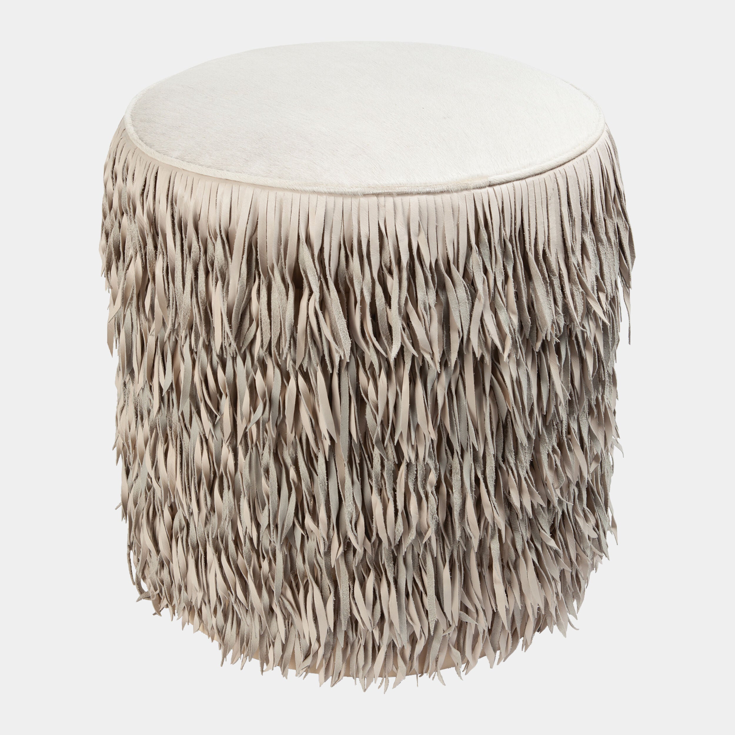Thelma Fringe Ottoman-Ivory Hair-on-Hide