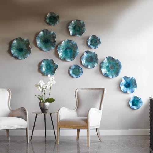 Abella Ceramic Indoor-Outdoor Wall Decor, Aqua, S/3