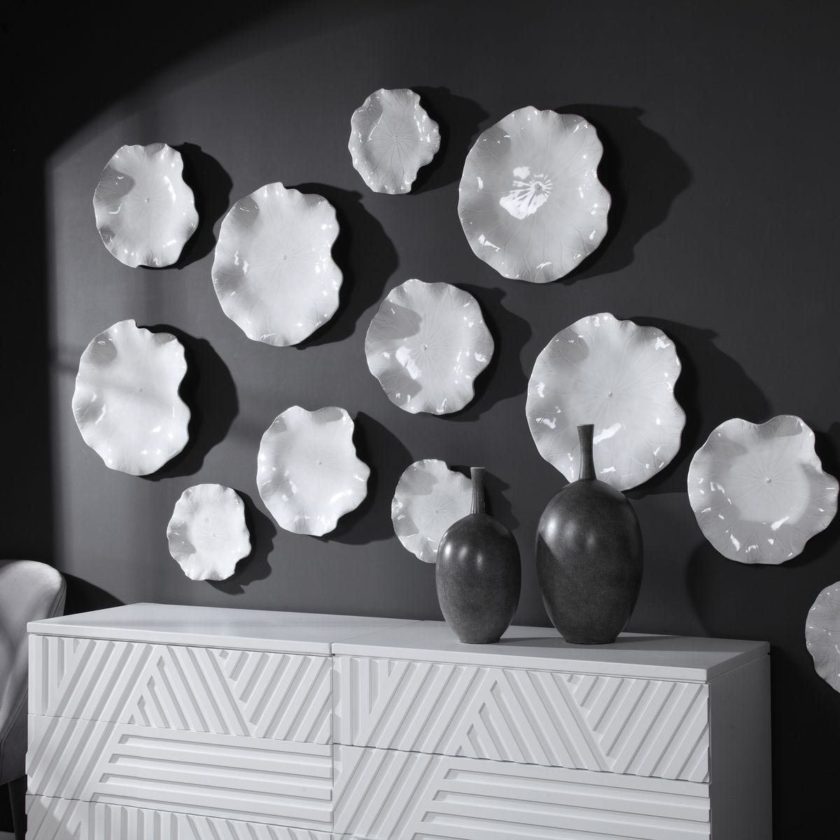 Abella Ceramic Indoor-Outdoor Wall Decor, White, S/3