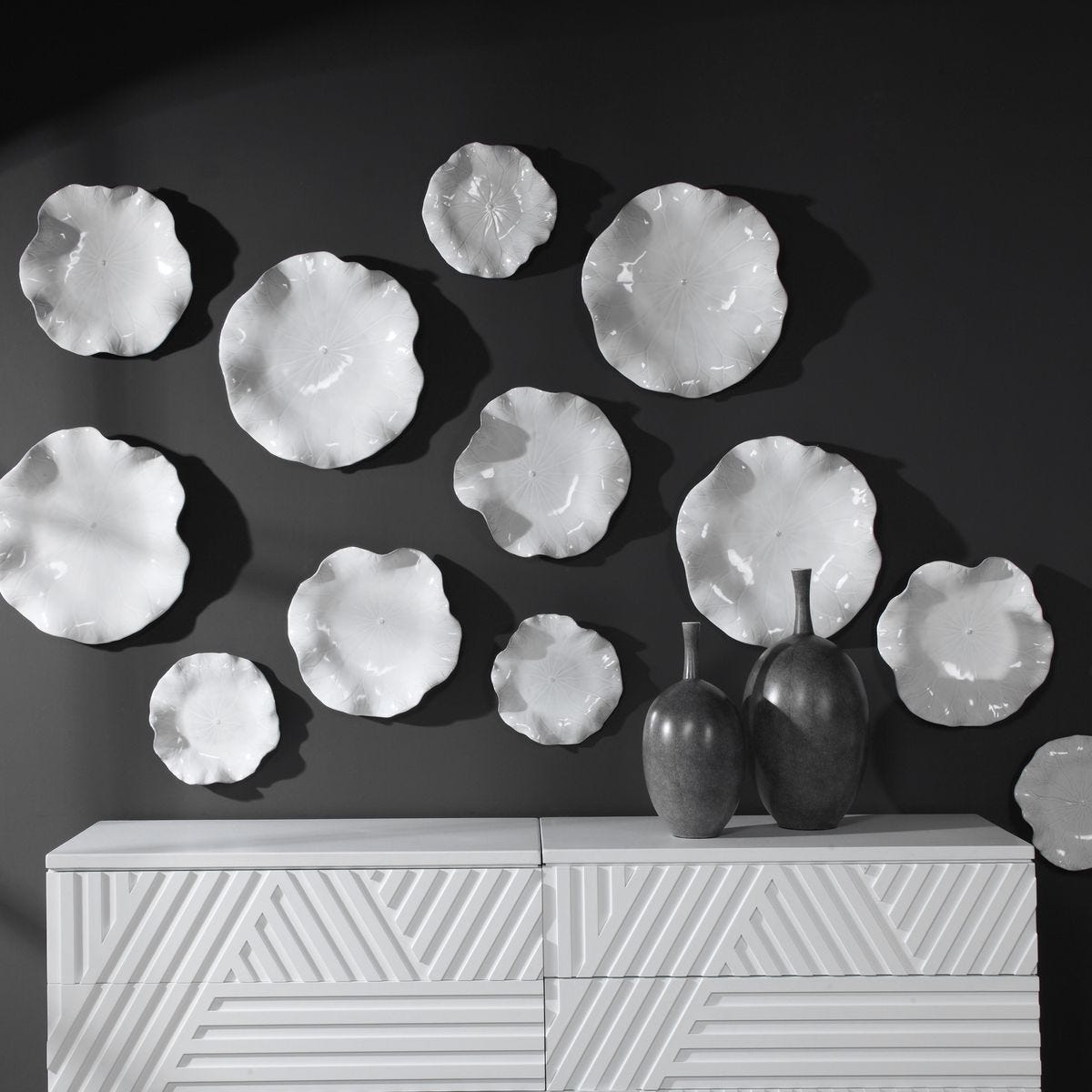 Abella Ceramic Indoor-Outdoor Wall Decor, White, S/3