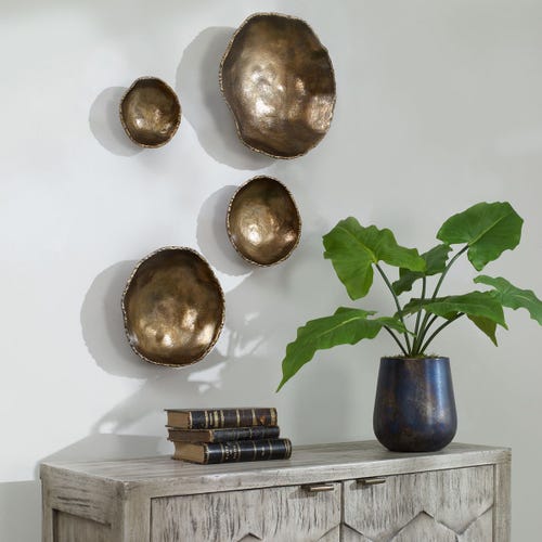 Lucky Coins Indoor-Outdoor Metal Wall Decor, Brass, S/4