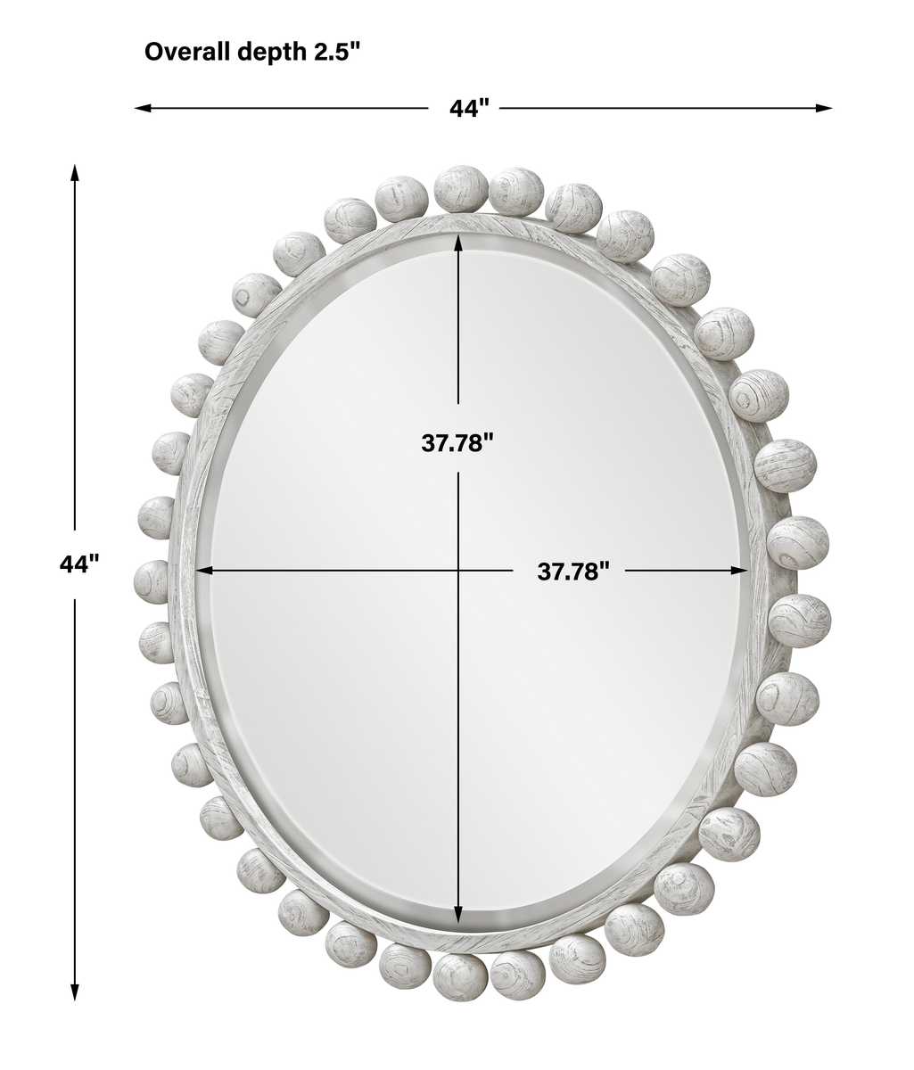 Cyra Wood Round Mirror, Aged Ivory