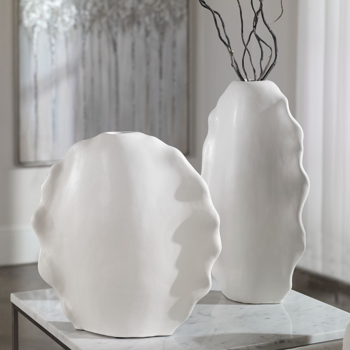 Ruffled Feathers Indoor-Outdoor Vases, White, S/2