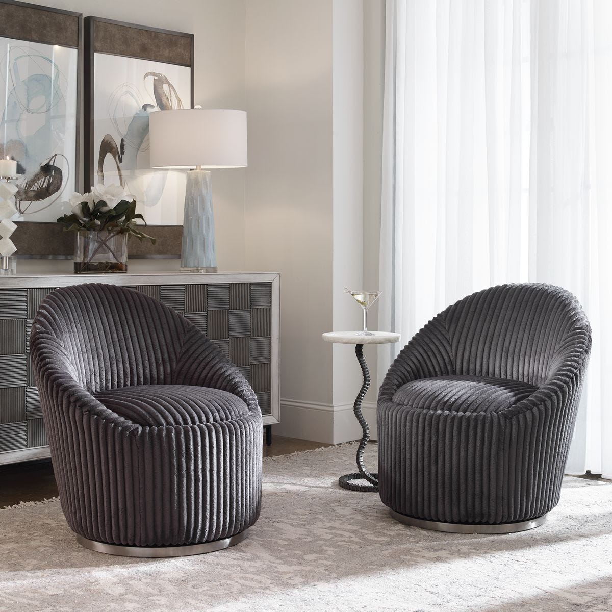 Crue Swivel Chair, Gunmetal – Furniture by Uttermost | Sutter & Vale