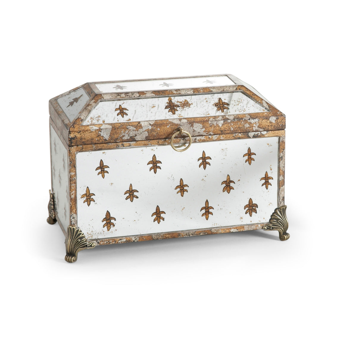 Fleur De Lis Mirrored Box in Hand Painted Gold Design / Mirror - Chelsea House
