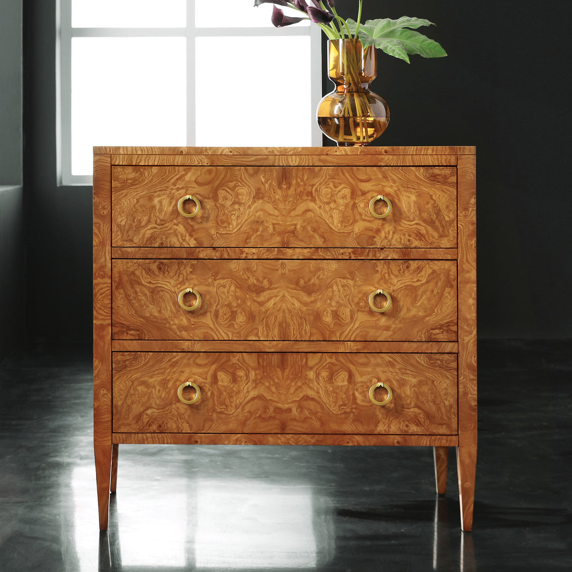 Three Drawer Chest on Legs-Olive Ashe Burl – Chests by Modern History | Sutter & Vale